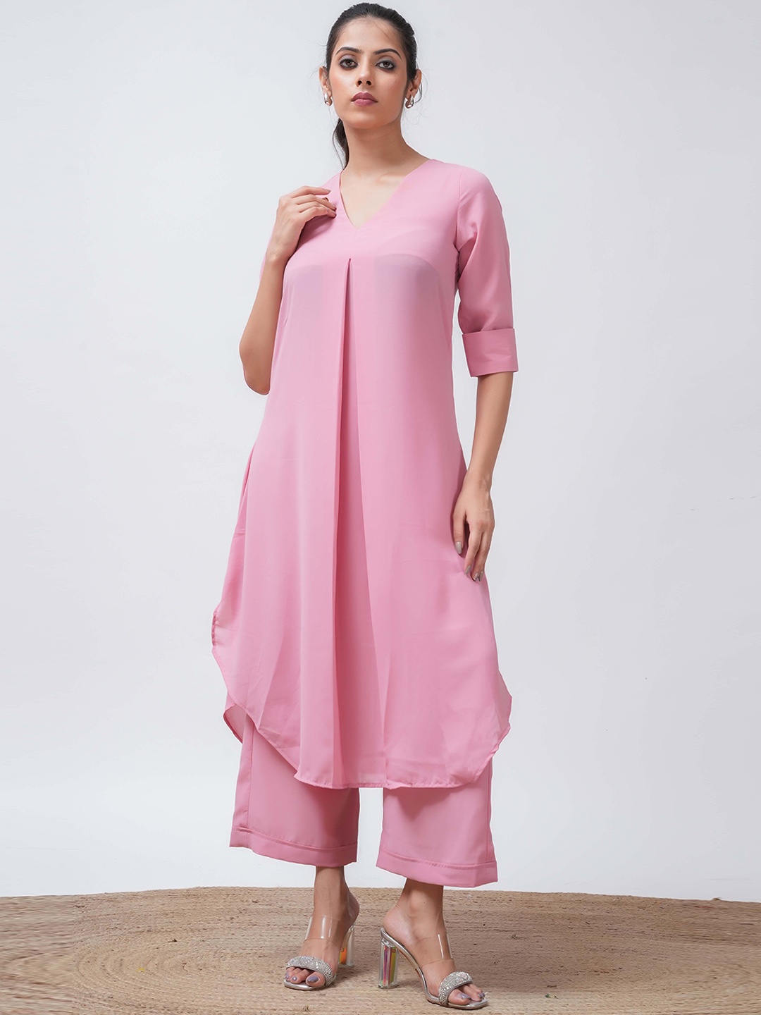 

Salvia Sky V Neck Regular A Line Kurta with Palazzo, Pink