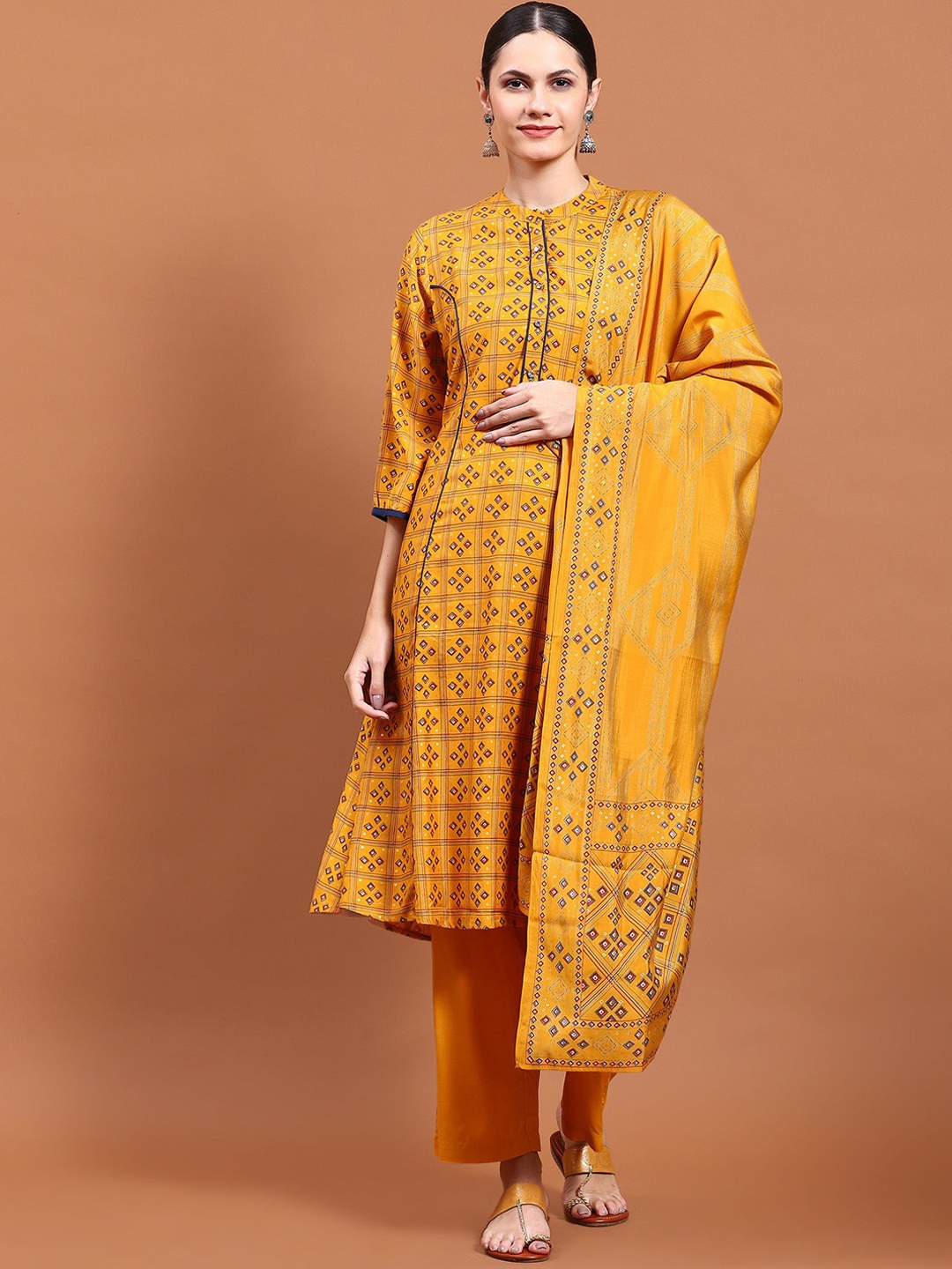 

Shree Geometric Printed Panelled A-Line Kurta with Trousers & With Dupatta, Mustard