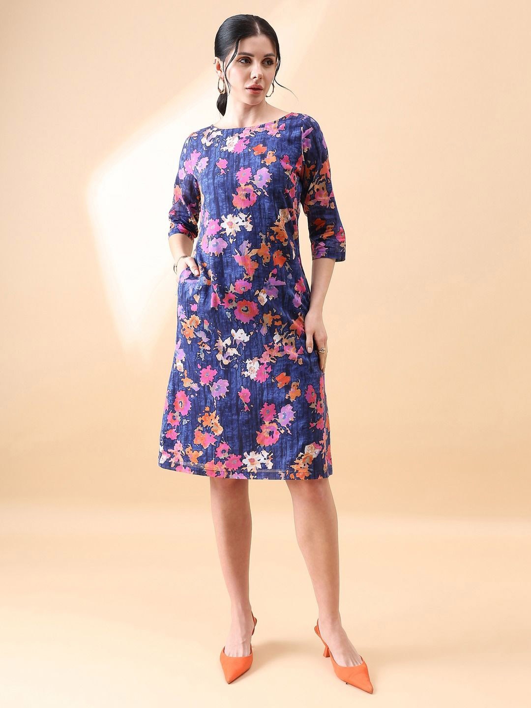 

PowerSutra Women Floral Printed Boat Neck A-Line Dress, Navy blue