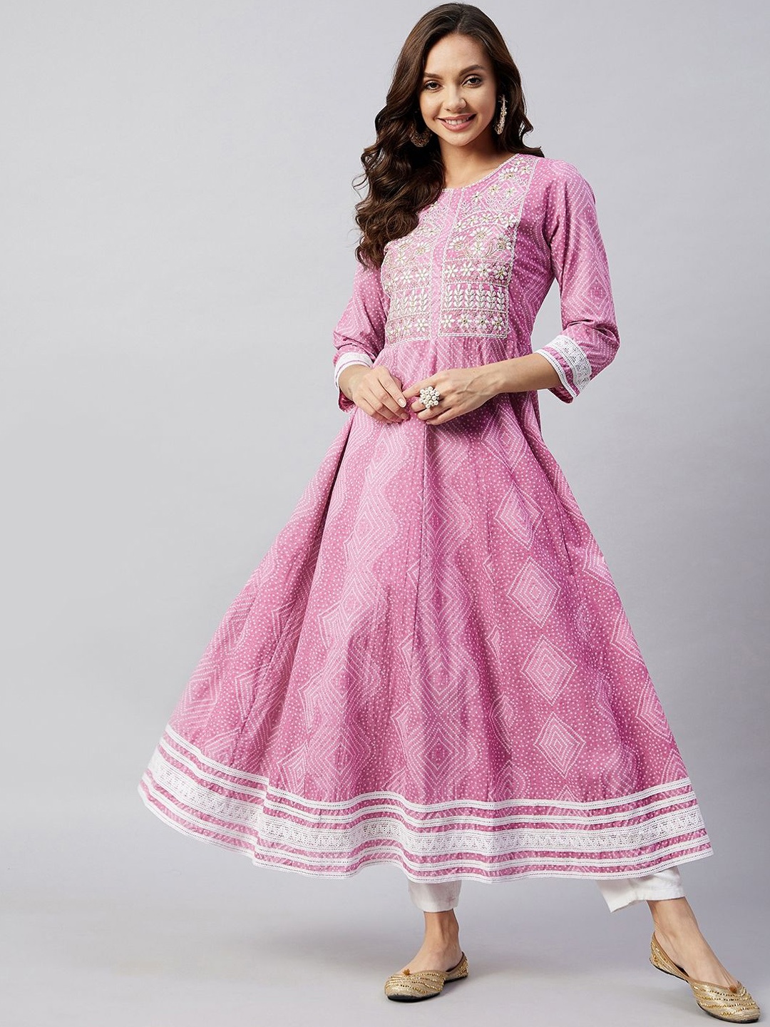 

InWeave Women Yoke Design Thread Work Anarkali Kurta, Pink