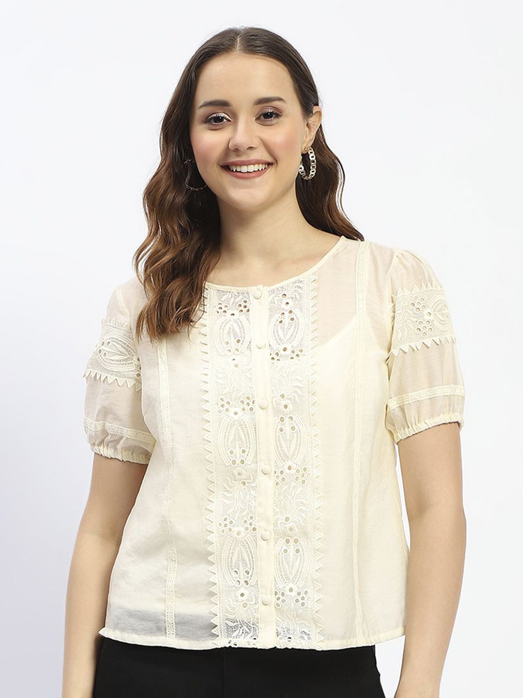 

Madame Women Self Design Round Neck Top, Off white