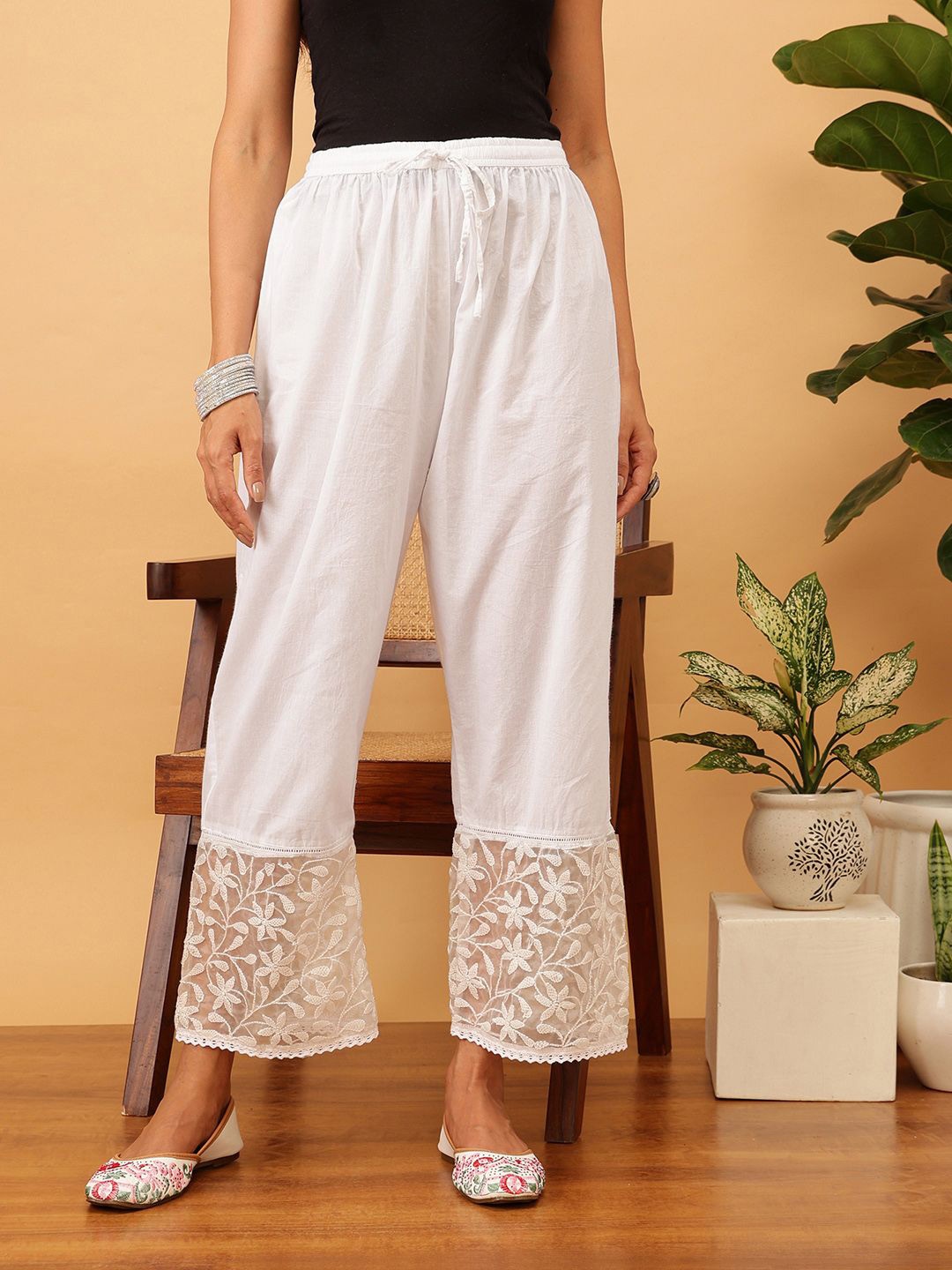 

ADA Women Ethnic Motifs Embroidered Ethnic Palazzos, White
