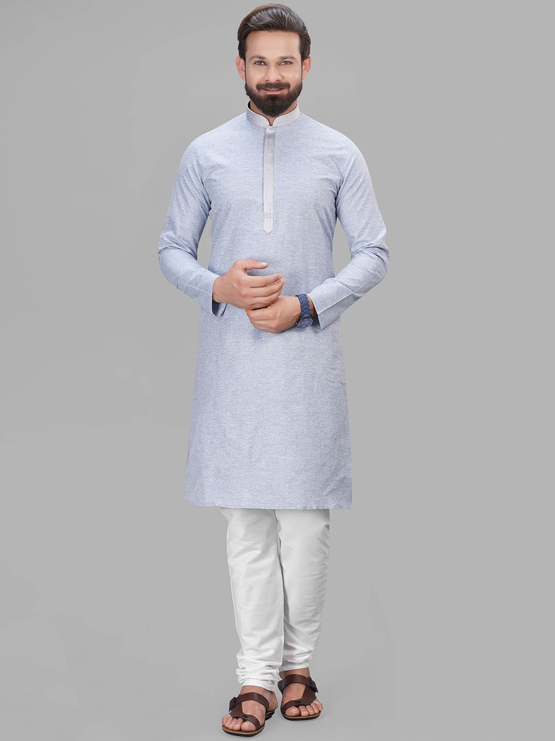 

LA'SCOOT Thread Work Stand Collar Straight Kurta with Pyjamas, Blue