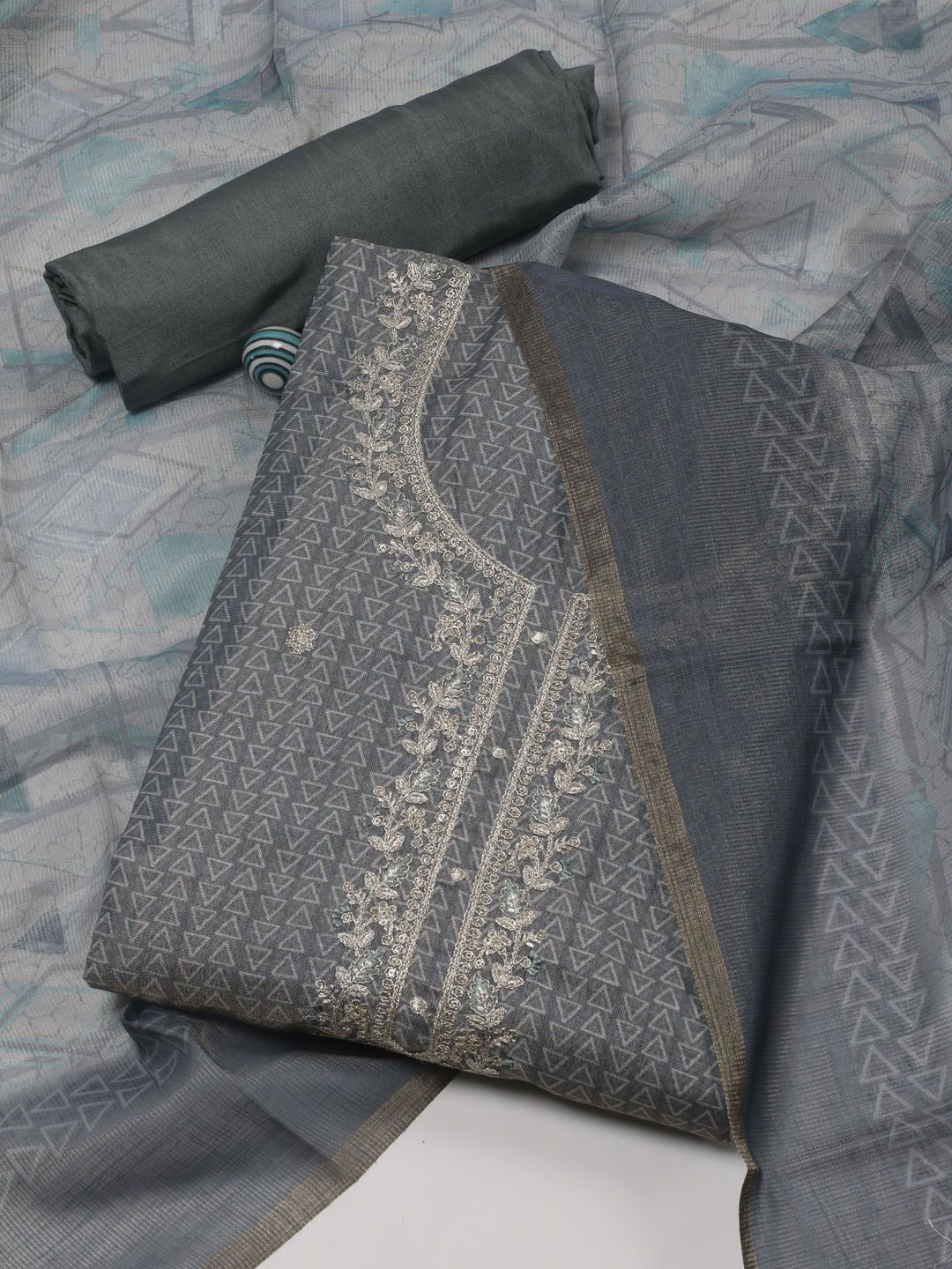 

Meena Bazaar Printed Thread Work Unstitched Dress Material, Grey