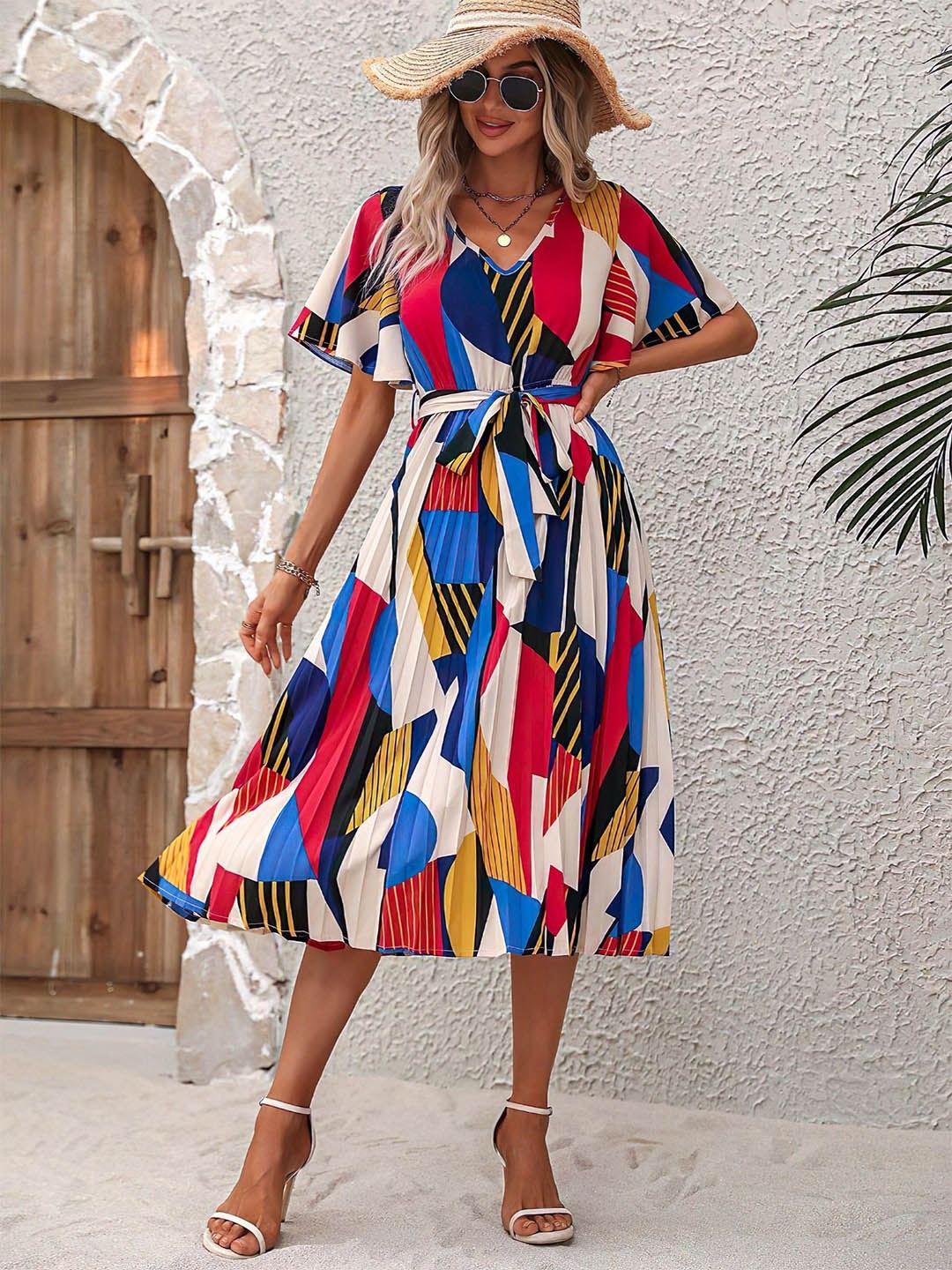 

Femvy Printed Bell Sleeve Applique Crepe Fit & Flare Dress, Multi