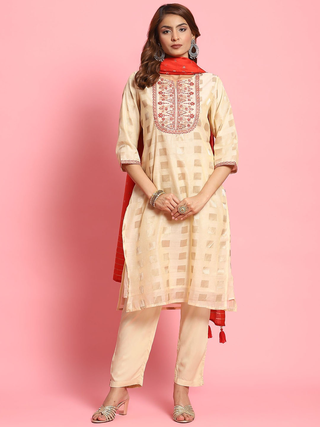 

Shree Geometric Embroidered Straight Kurta with Trousers & Dupatta, Off white