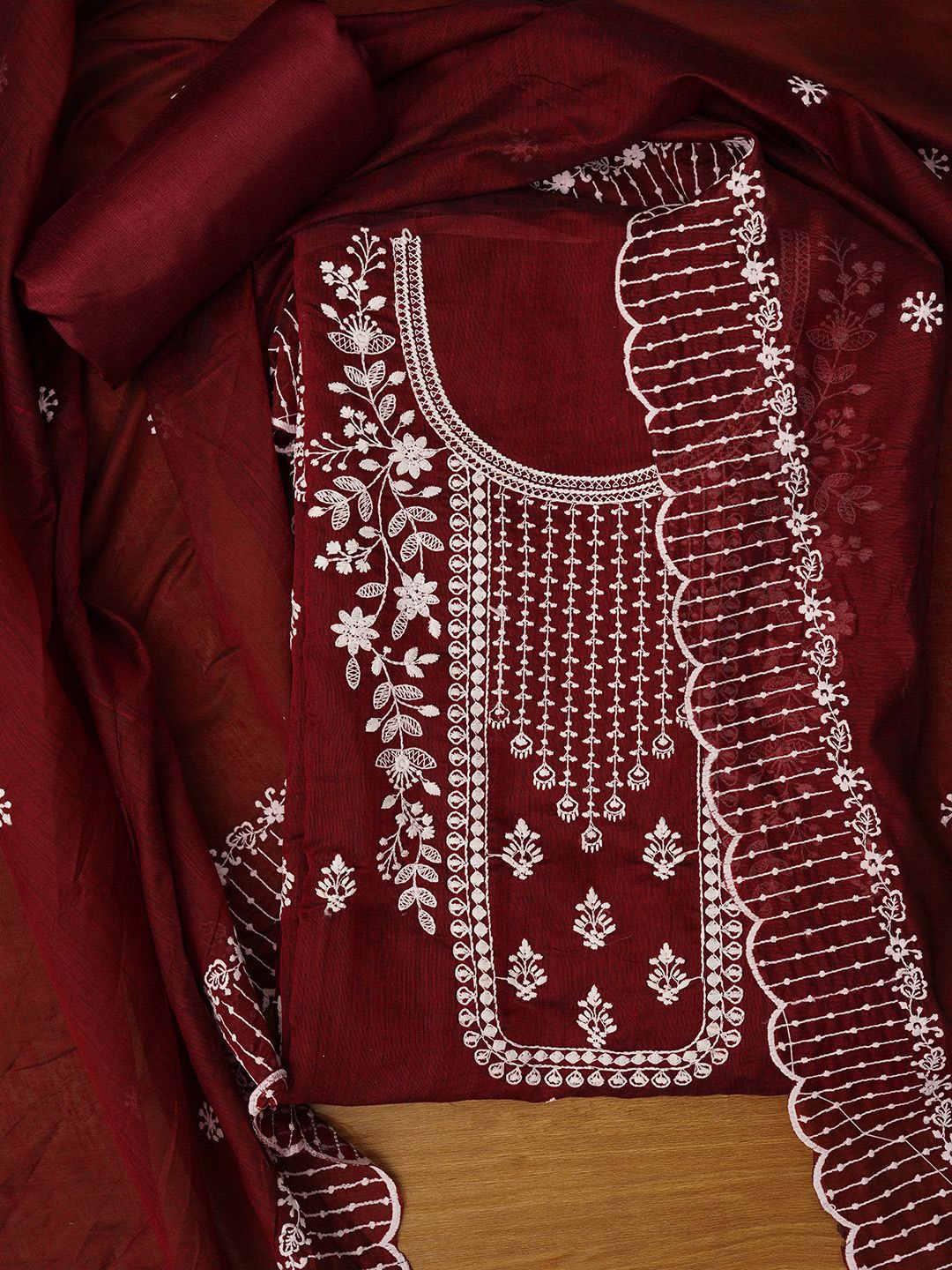 

Jaipur Kurti Unstitched Embroidered Cotton Blend Dress Material With Dupatta, Maroon
