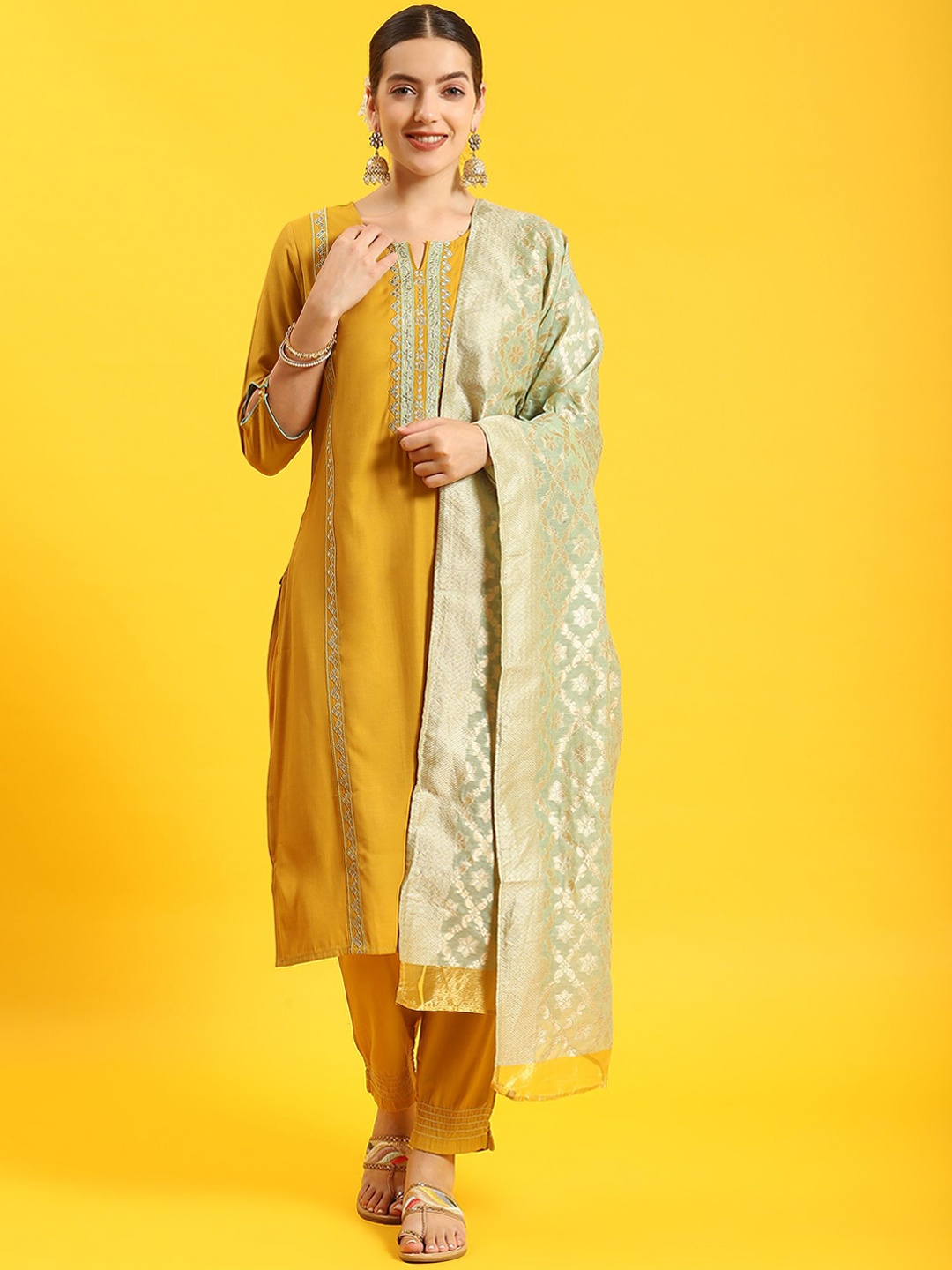 

Shree Embroidered Zari Notch Neck Straight Kurta with Trousers & Dupatta, Mustard