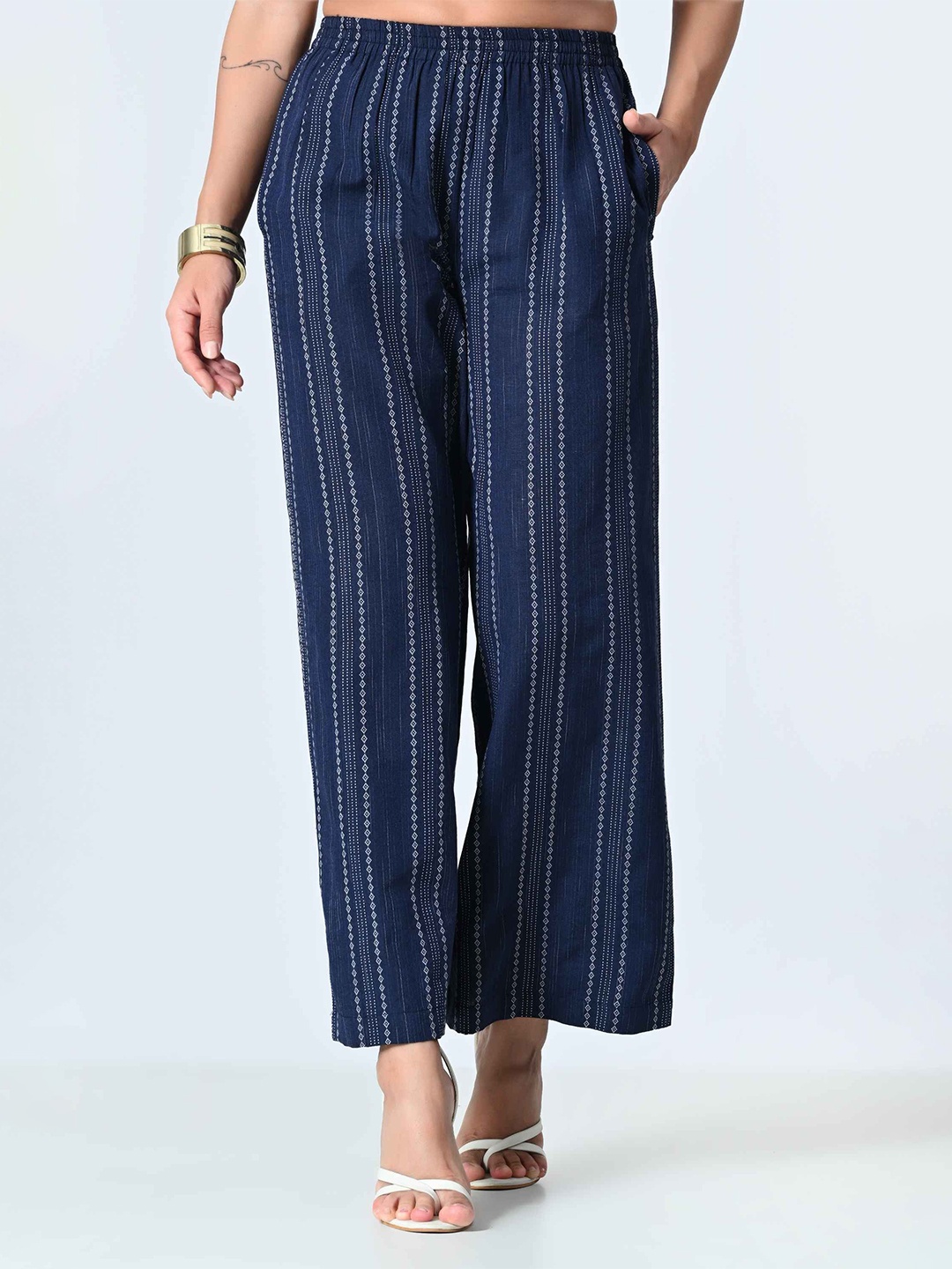 

BAESD Women Striped Palazzos, Navy blue