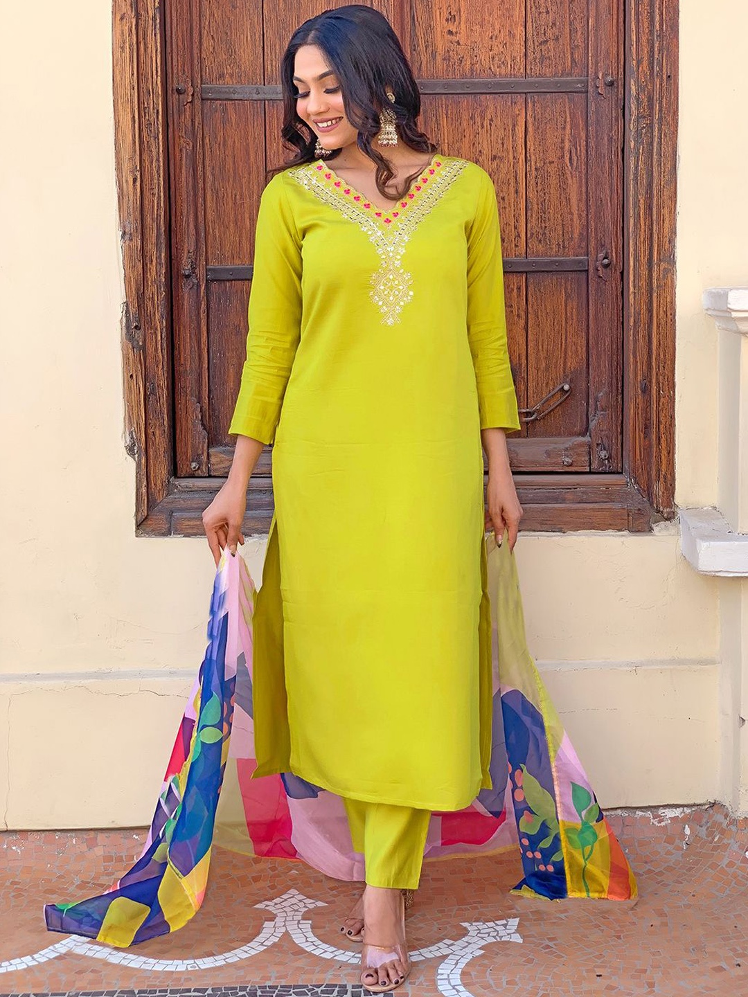 

KALINI Floral Embroidered Thread Work Straight Kurta with Trousers & Dupatta, Mustard