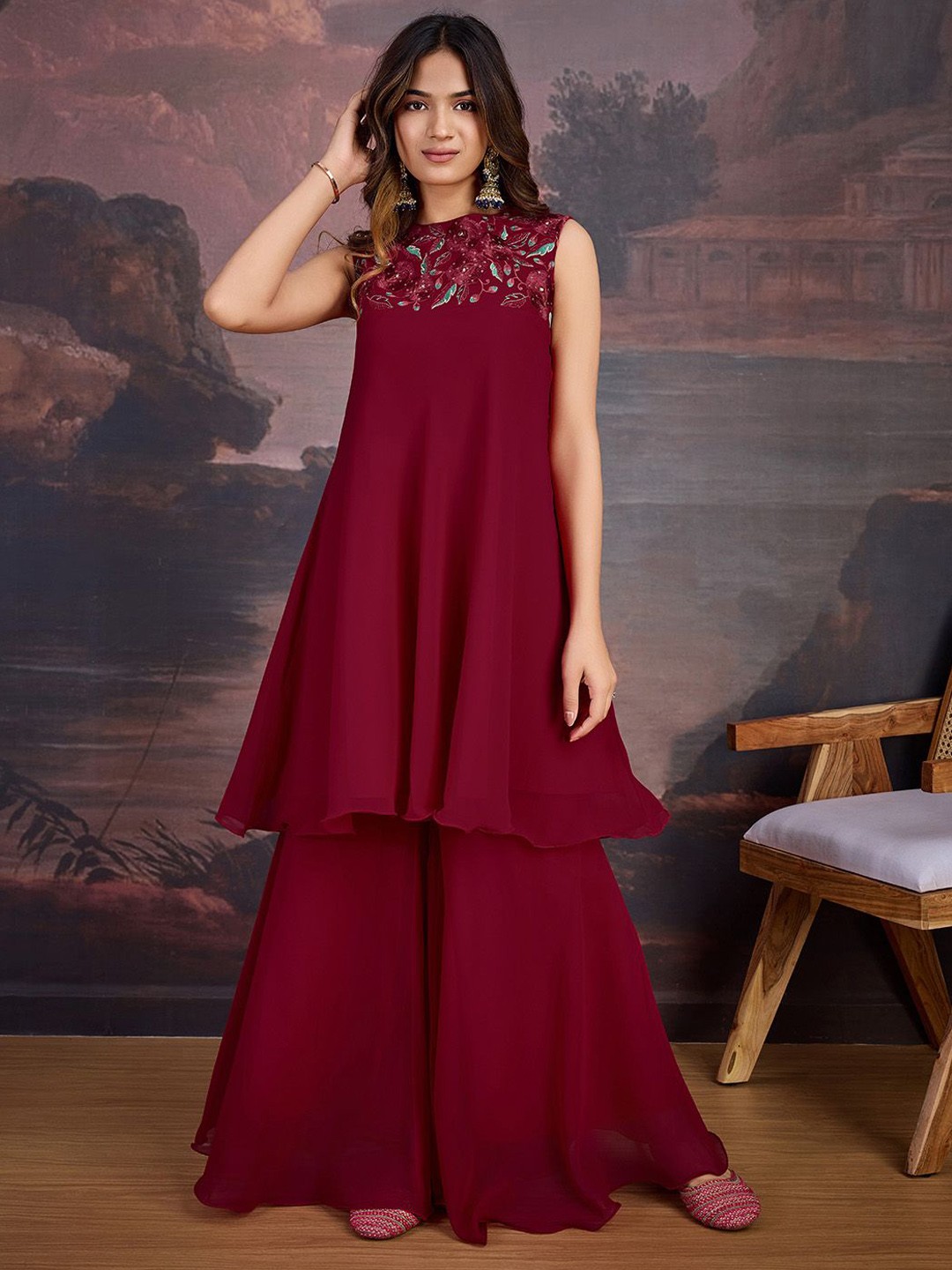 

House of Pataudi Embroidered A-Line Kurta With Palazzo, Maroon