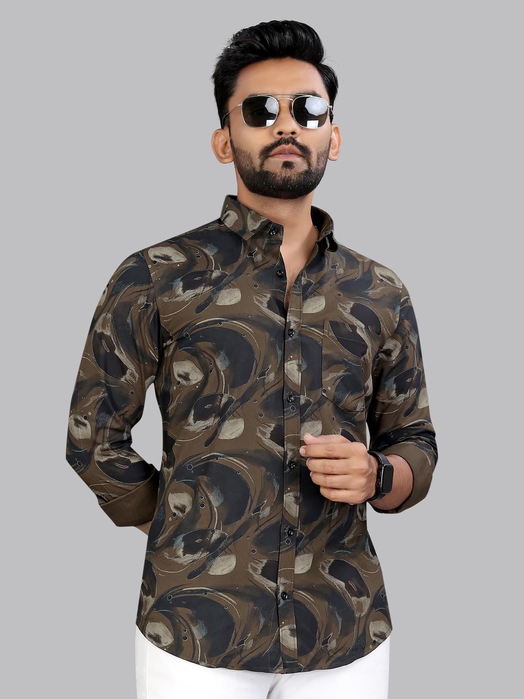 

ADWYN PETER Men Classic Spread Collar Abstract Printed Cotton Casual Shirt, Brown
