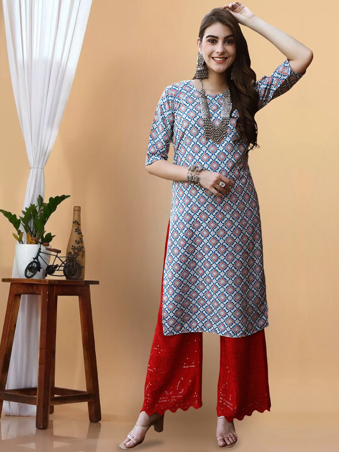 

KALINI Ethnic Motifs Printed Round Neck Crepe Straight Kurta, Blue
