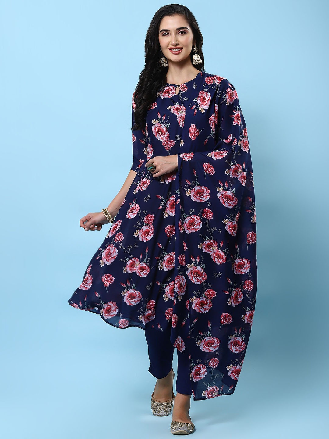 

Shree Floral Printed Straight Kurta & Trousers With Dupatta, Navy blue