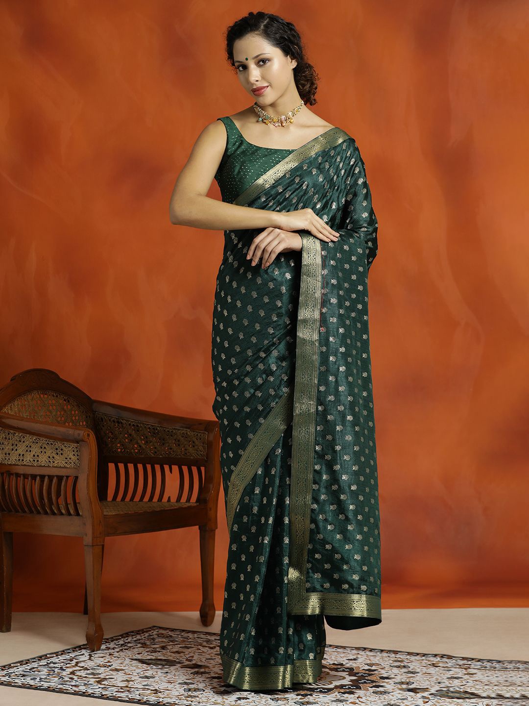 

Jaipur Kurti Silk Banarasi Zari Woven Saree, Olive