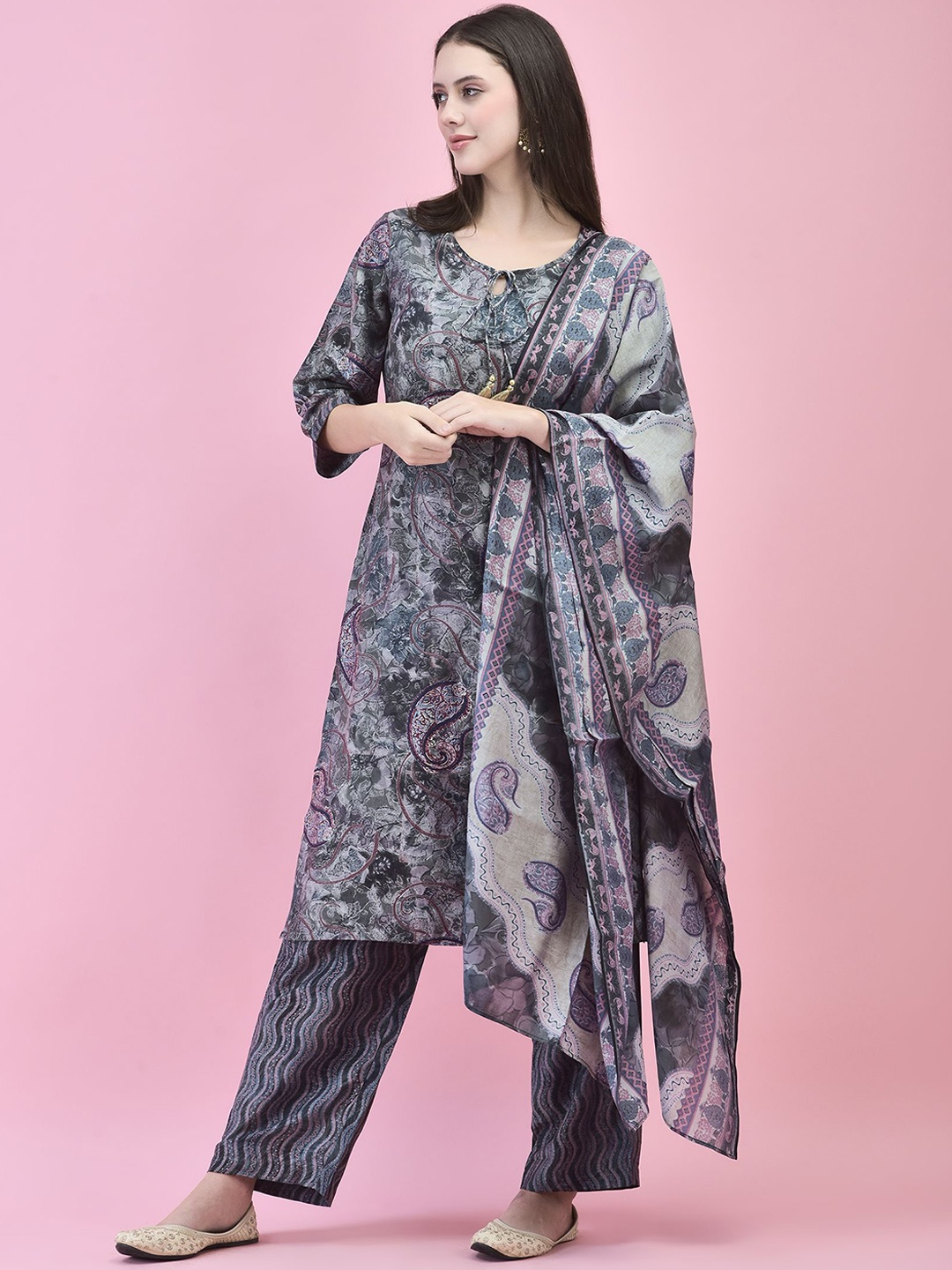 

Shree Paisley Printed Tie-Up Neck Straight Kurta With Trousers & Dupatta, Grey