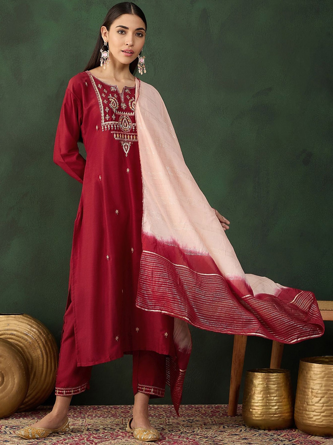 

Sangria Floral Embroidered Sequinned Kurta with Trousers & Dupatta, Red