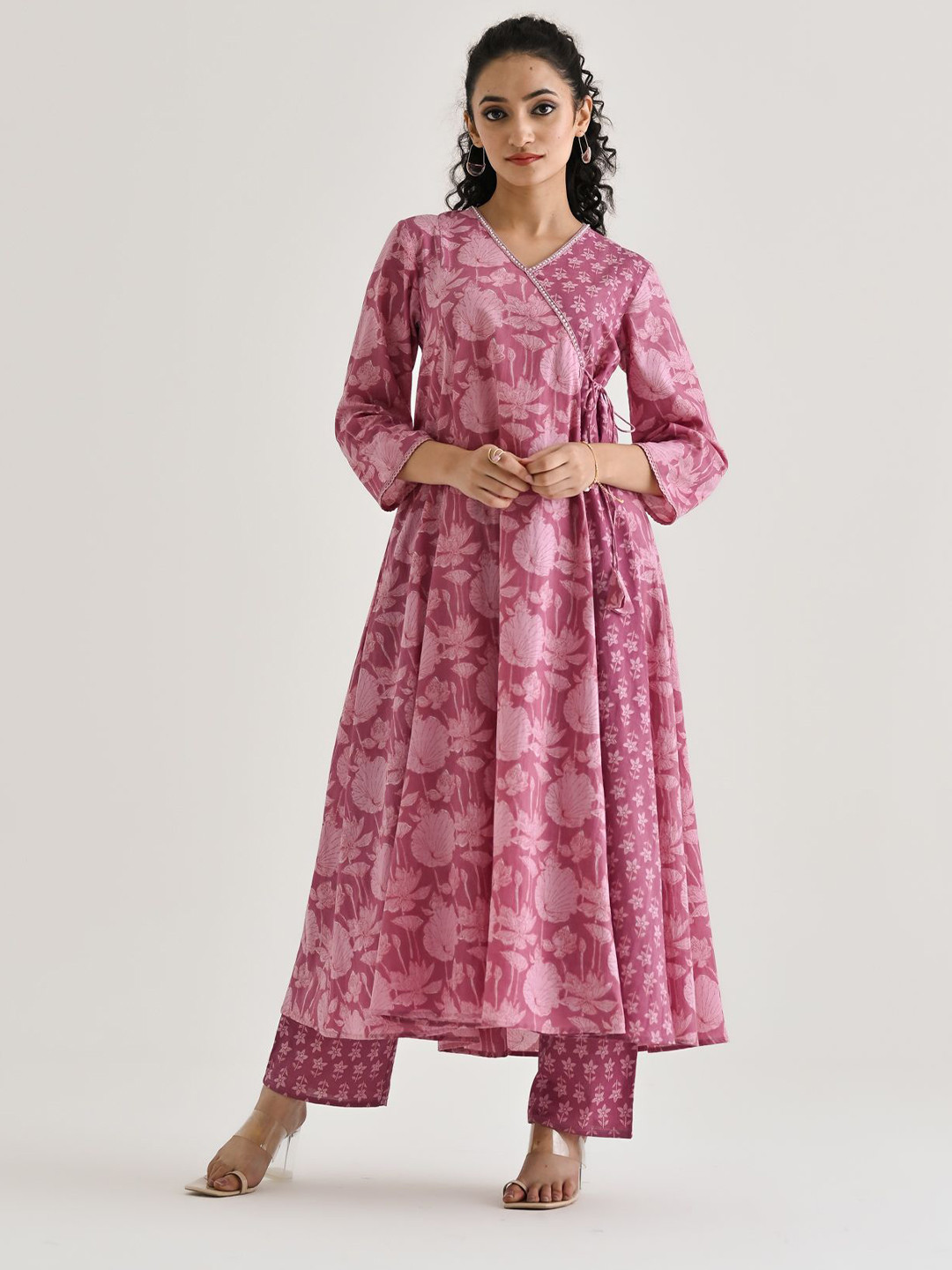

Rustorange Floral Printed A-Line Angrakha Beads and Stones Pure Cotton Kurta With Trousers, Pink