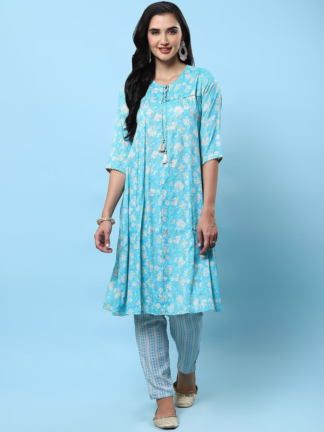 

Shree Floral Printed Tie-Up Neck Liva A-Line Kurta With Trousers, Blue