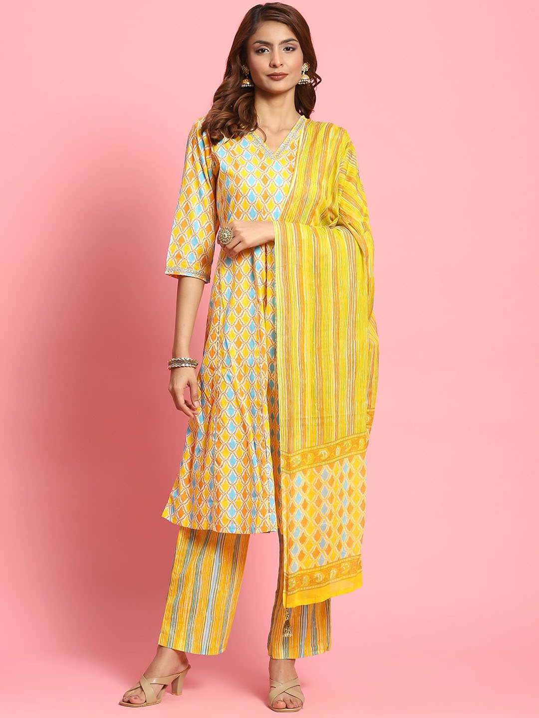 

Shree Geometric Printed V-Neck Pure Cotton Zari A-Line Kurta With Trousers & Dupatta, Yellow