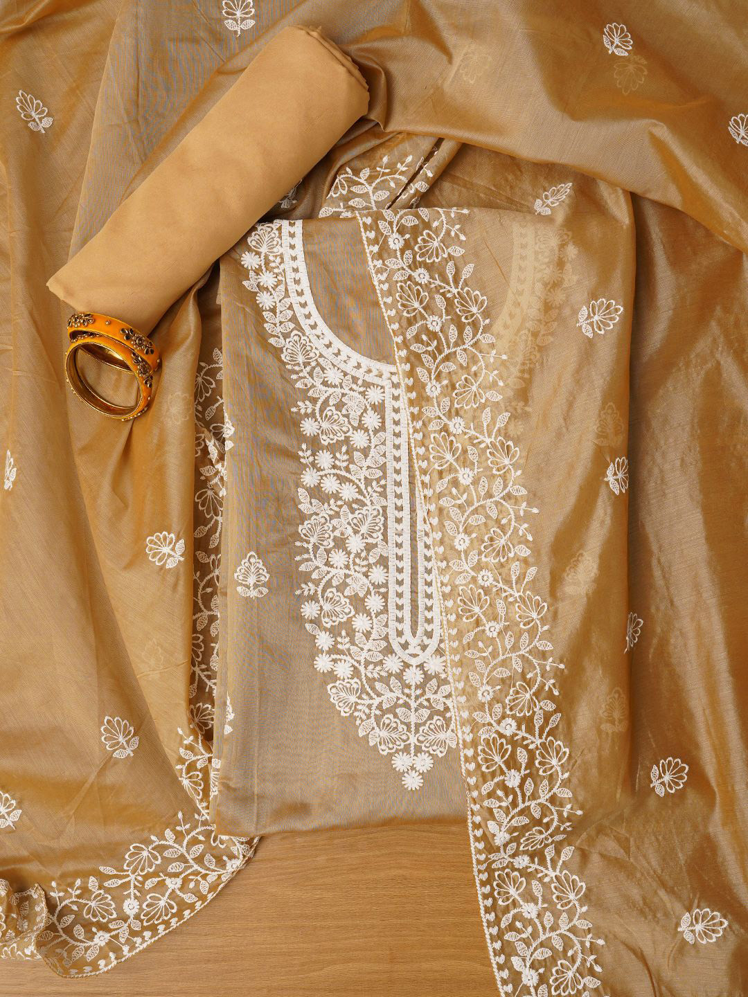 

Jaipur Kurti Unstitched Embroidered Cotton Blend Dress Material With Dupatta, Beige