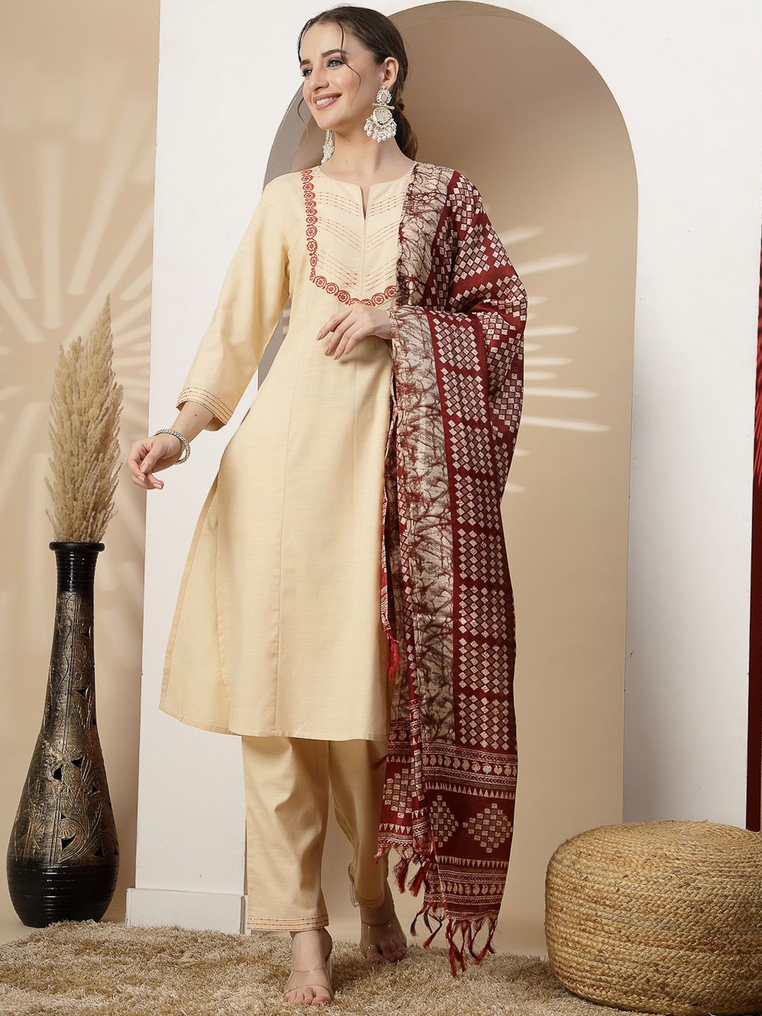 

Nayam By Lakshita Floral Embroidered Notch Neck Kurta with Palazzo & Dupatta, Beige