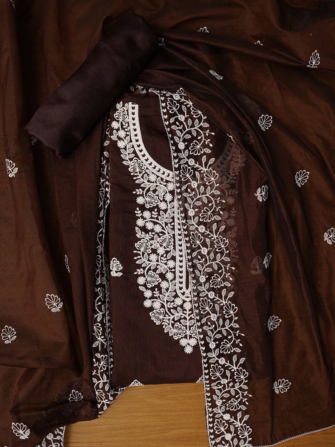 

Jaipur Kurti Unstitched Embroidered Cotton Blend Dress Material With Dupatta, Brown