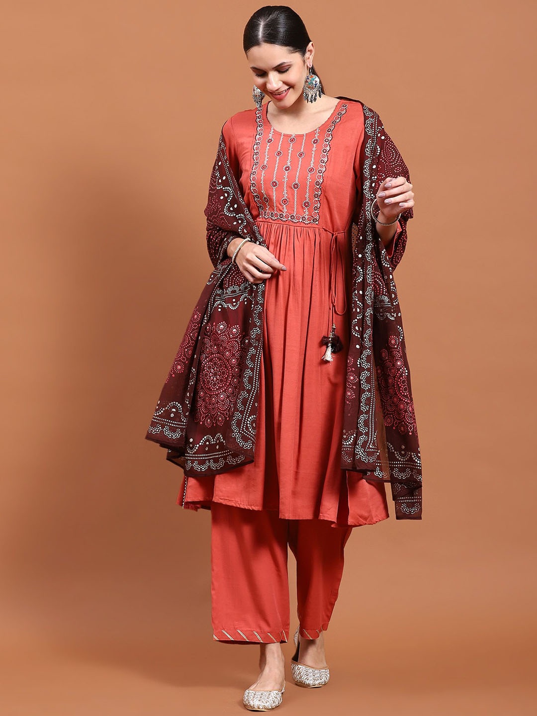 

Shree Yoke Design Thread Work Kurta with Trousers & Dupatta, Coral