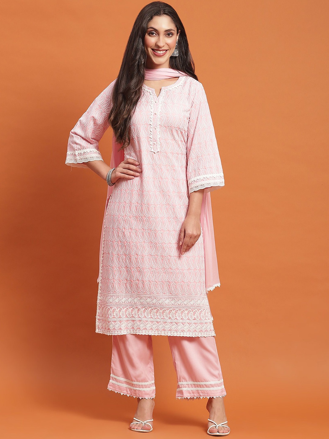 

Shree Floral Embroidered Notch Neck Liva Straight Kurta & Trousers With Dupatta, Pink