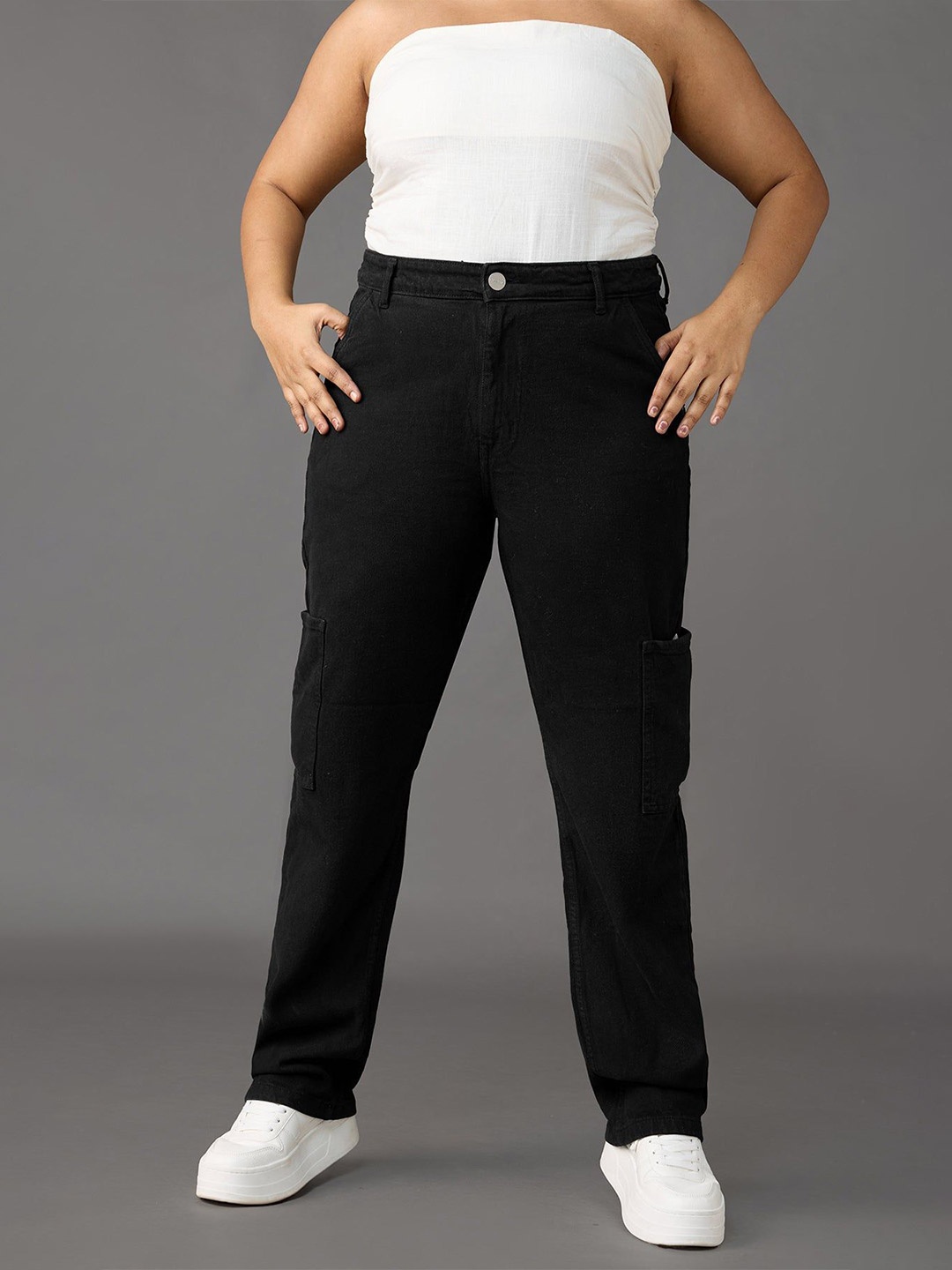 

FREAKINS Plus Size Women Straight Fit High-Rise Cotton Jeans, Black