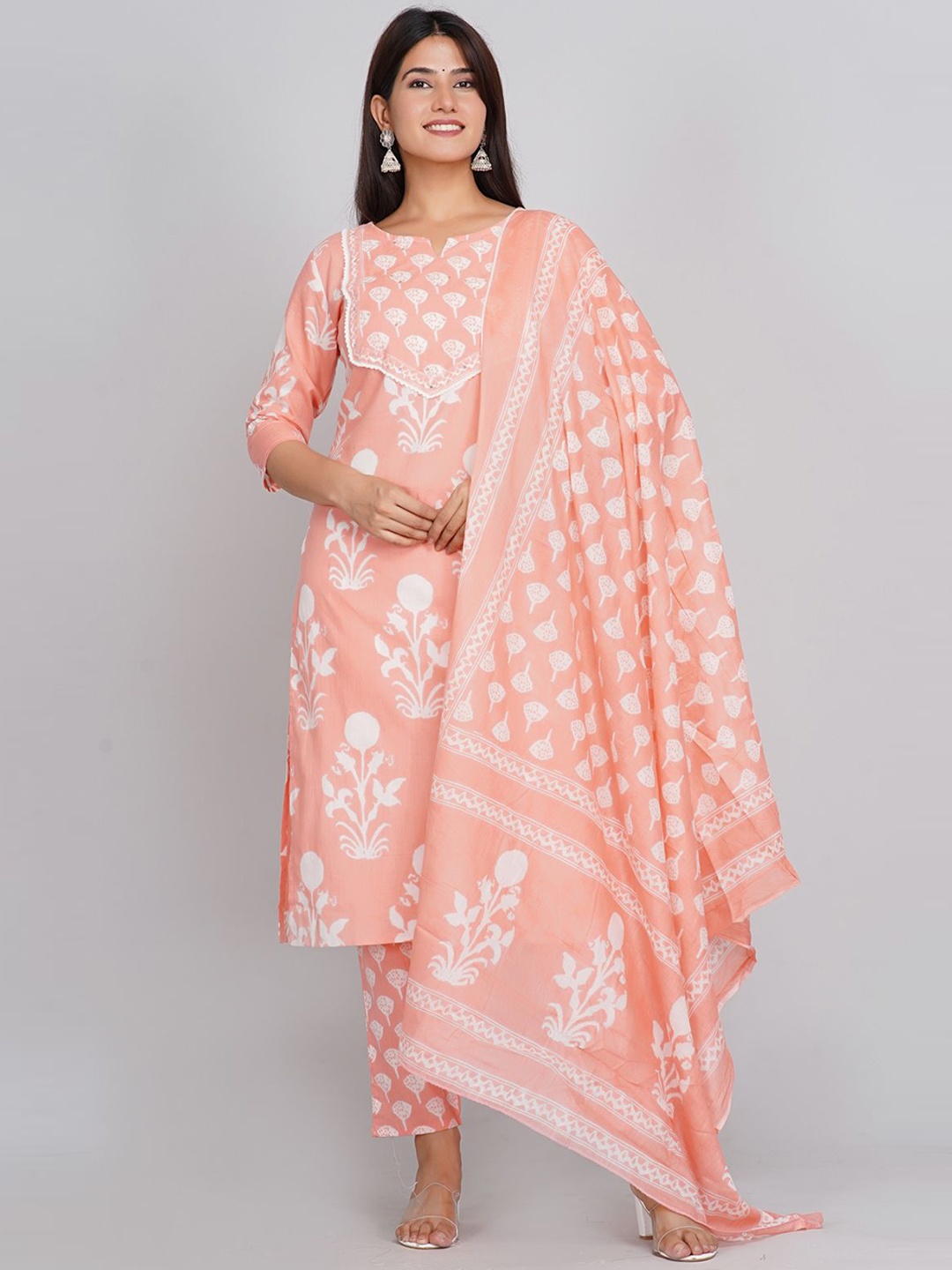 

KALINI Floral Printed Gotta Patti Straight Kurta with Trousers & Dupatta, Pink