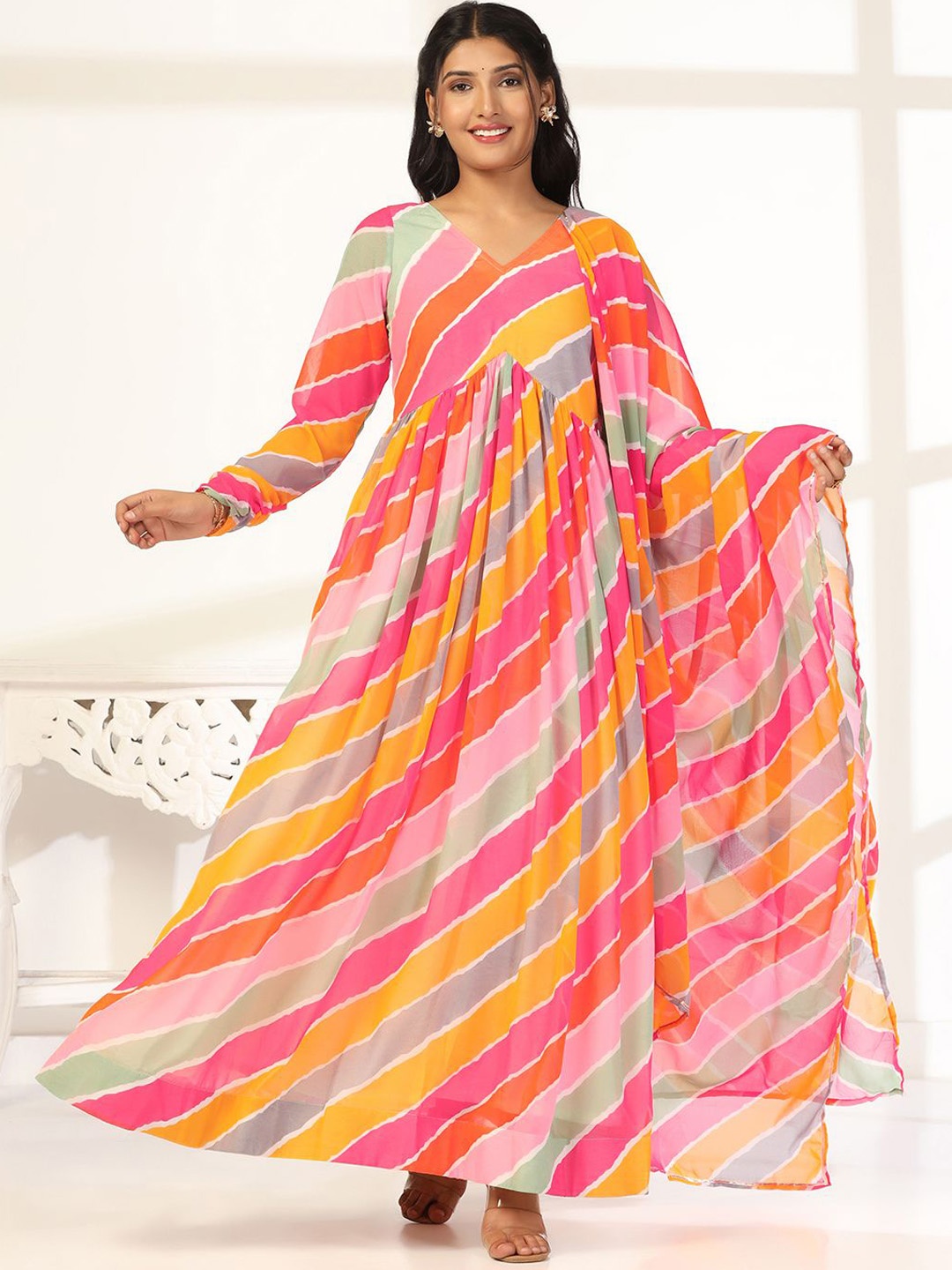 

BAESD Printed Fit & Flared Maxi Ethnic Dresses With Dupatta, Pink