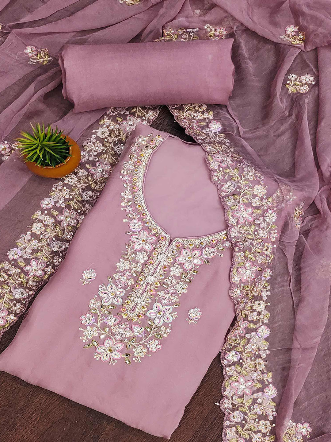 

Peachmode Embroidered Organza Unstitched Dress Material, Purple