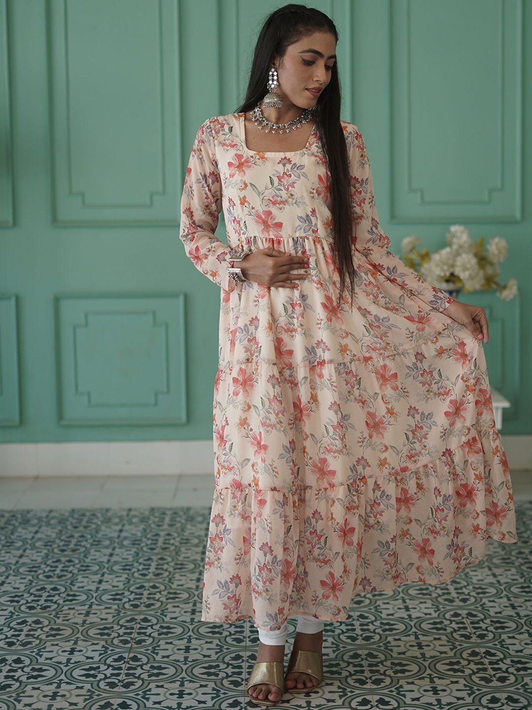 

GO BOUJEE Floral Printed Square Neck Tiered Georgette Anarkali Kurta, Beige