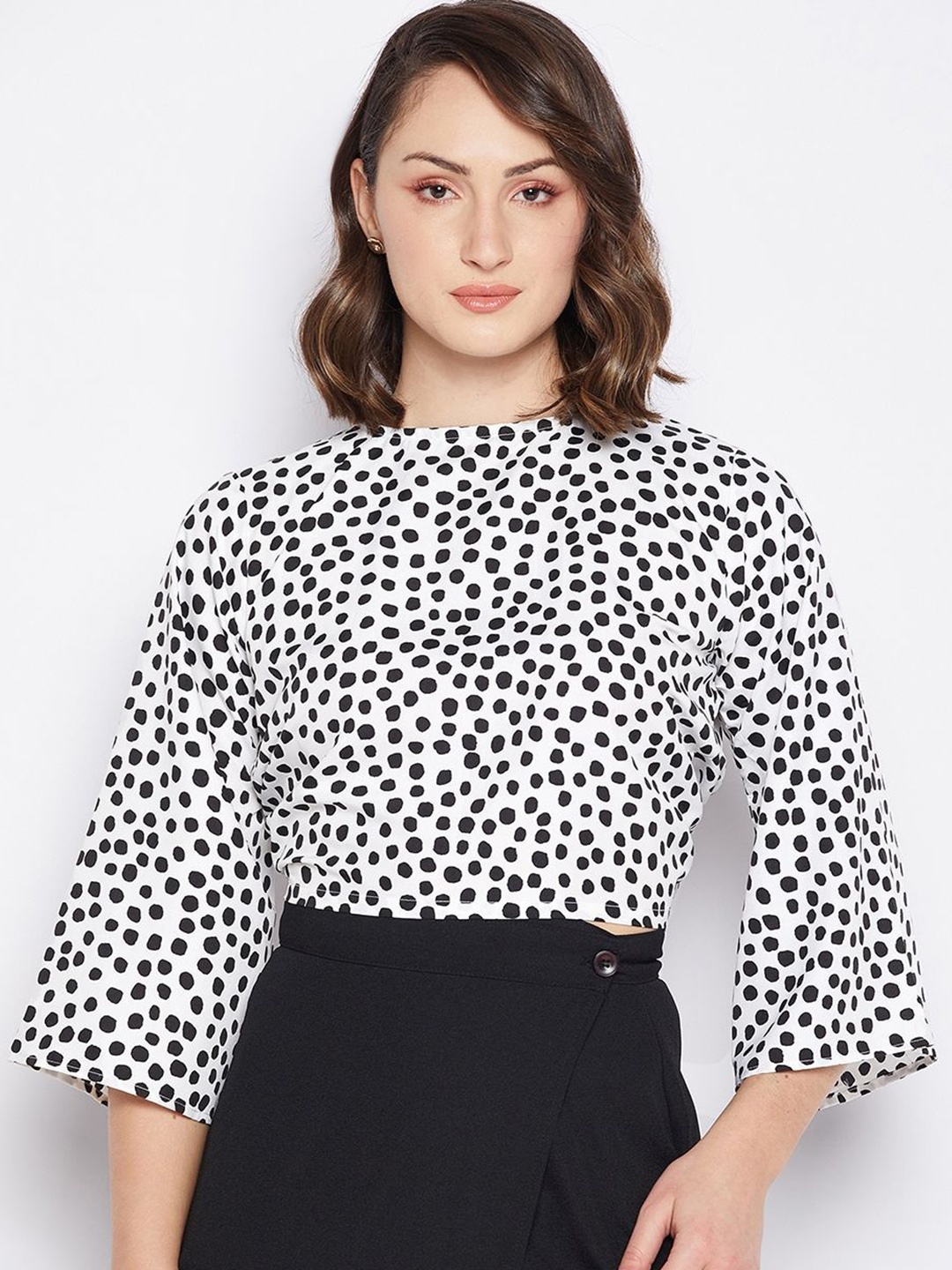 

Murcia Women Polka Dots Printed Boat Neck Top, White