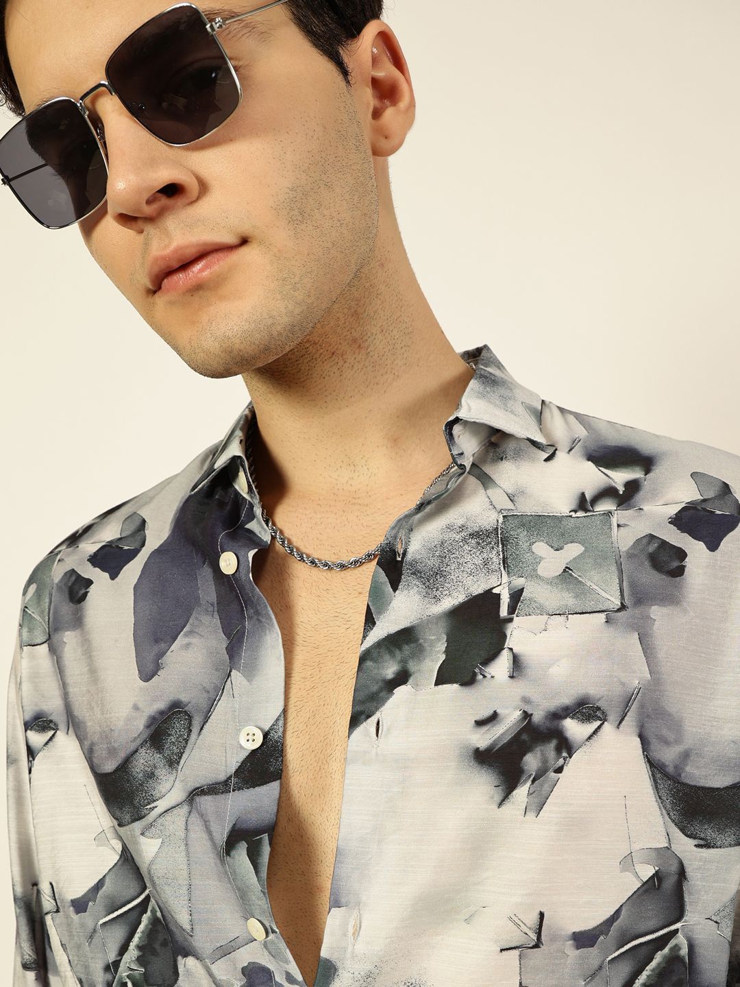 

Thomas Scott Men Premium Spread Collar Abstract Printed Cotton Slim Fit Casual Shirt, Green