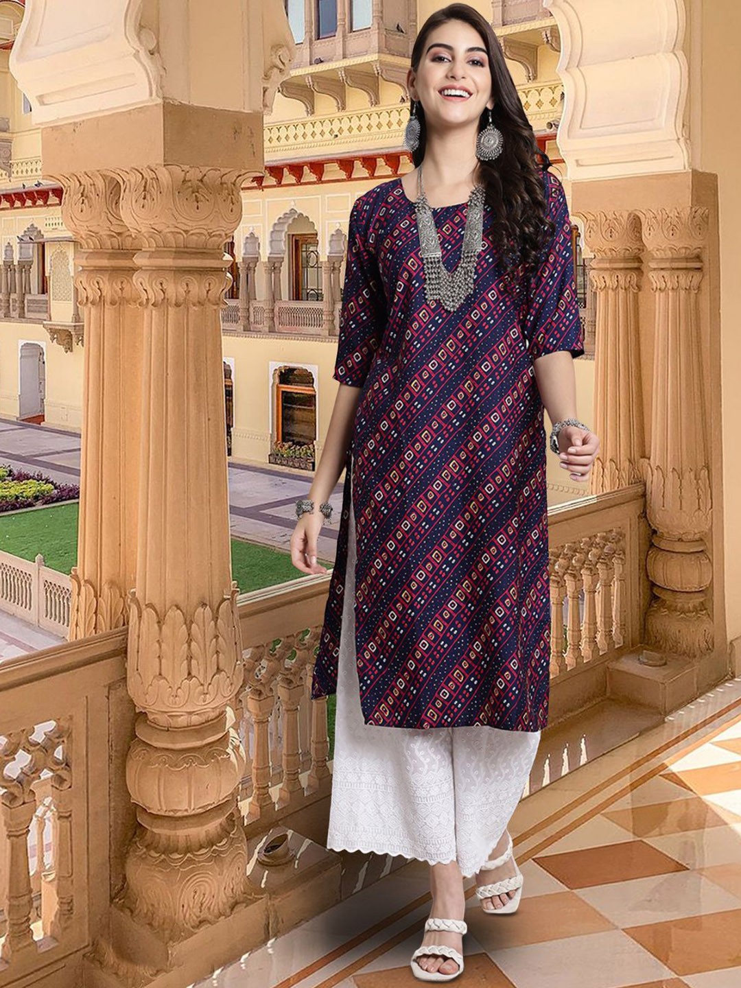 

7Threads Geometric Printed Round Neck Straight Kurta, Blue