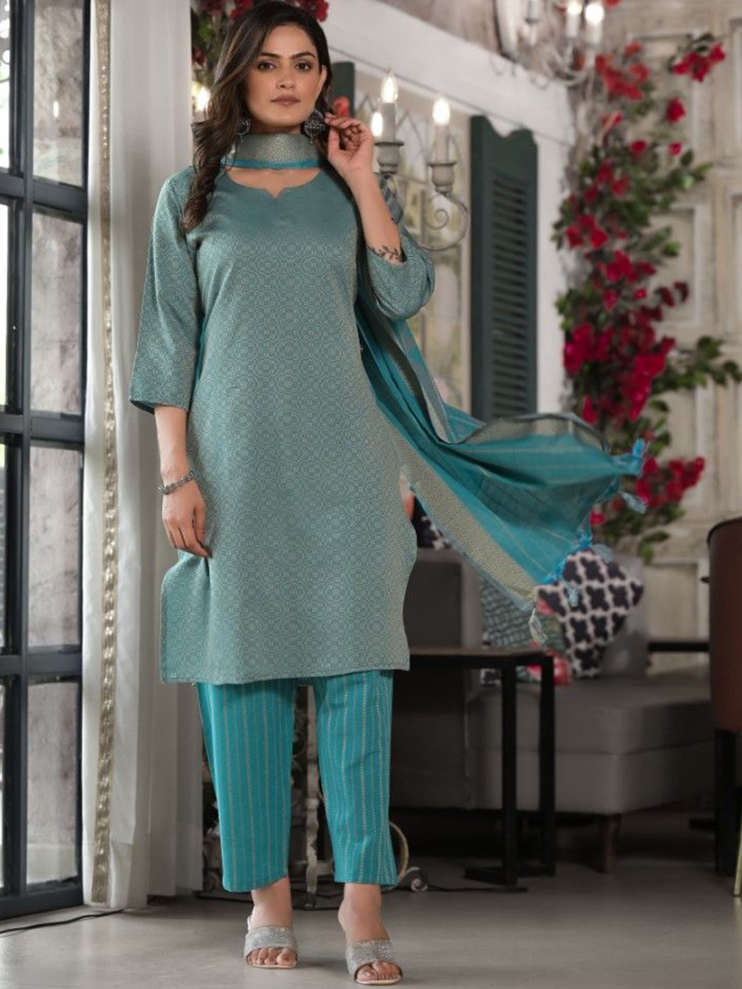 

Juniper Geometric Printed Pure Cotton Straight Kurta With Trousers & Dupatta, Blue