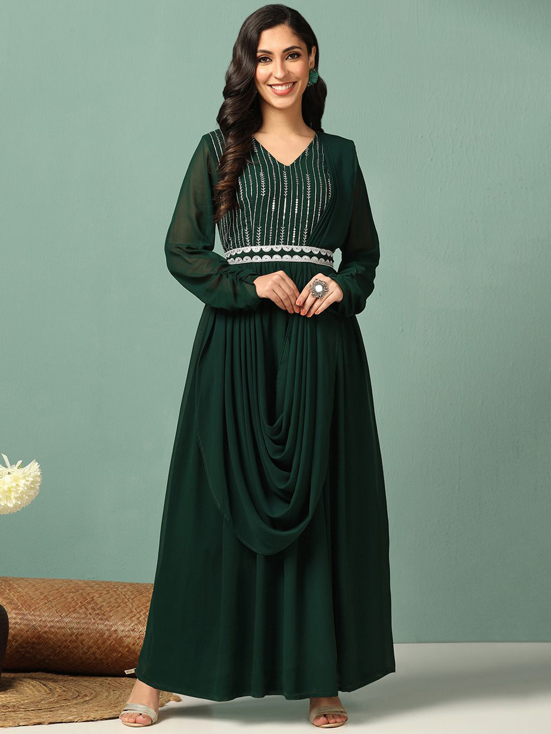 

FASHION DREAM Striped V-Neck Gotta Patti Embroidered Georgette Anarkali Kurta, Green