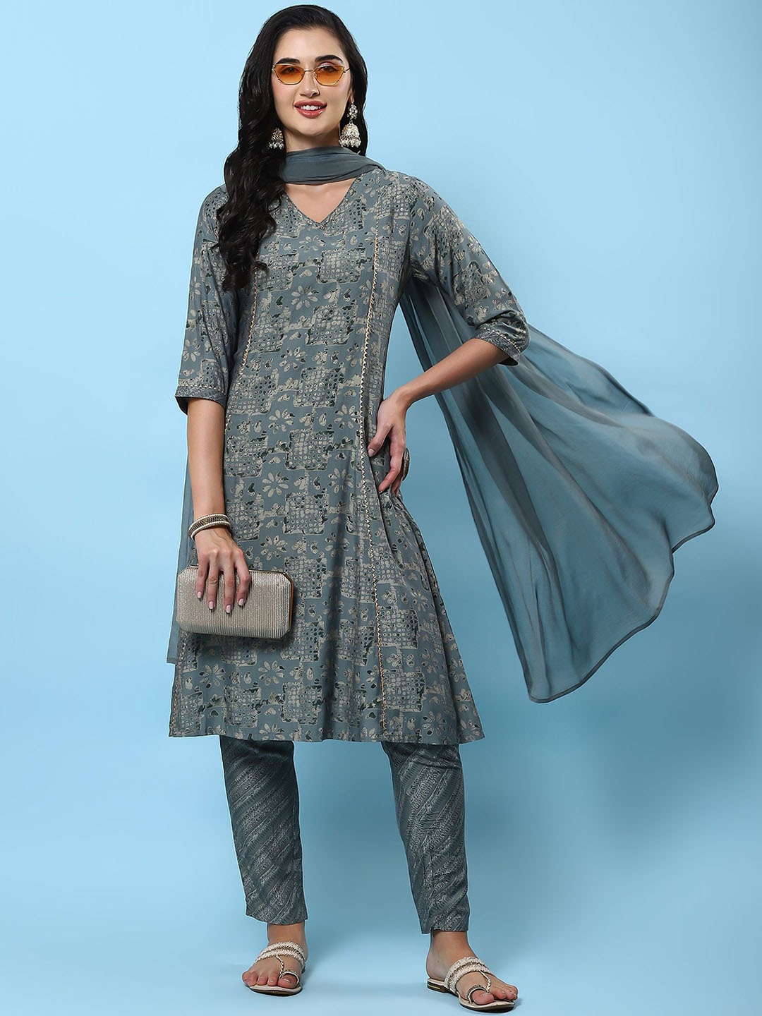 

Shree Floral Printed Panelled Liva A-Line Kurta with Trousers & Dupatta, Grey