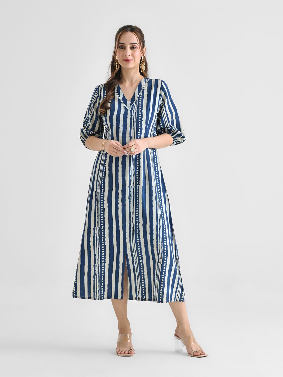 

Rustorange Women Striped Printed Cotton Puff Sleeves A-Line Midi Dress, Blue