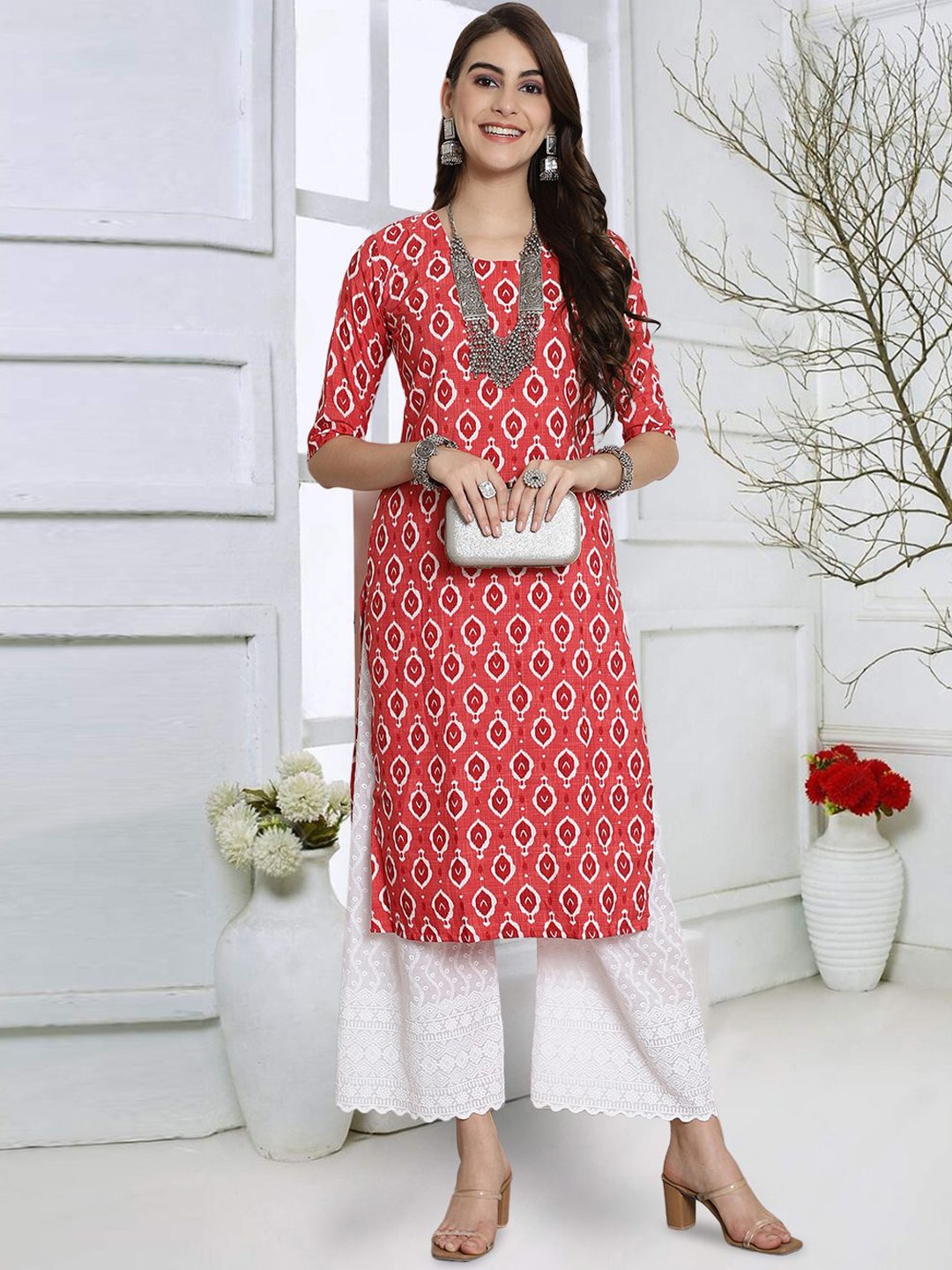 

7Threads Ethnic Motifs Printed Straight Kurta, Red