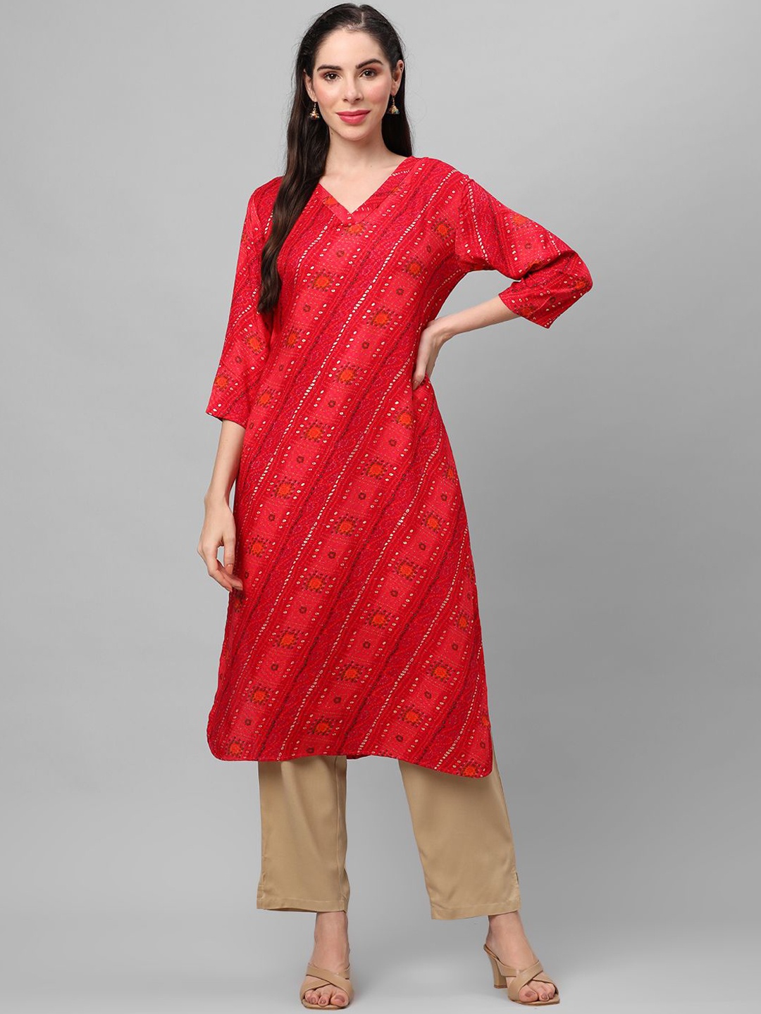 

Shree Bandhani Printed V-Neck Straight Kurta, Fuchsia