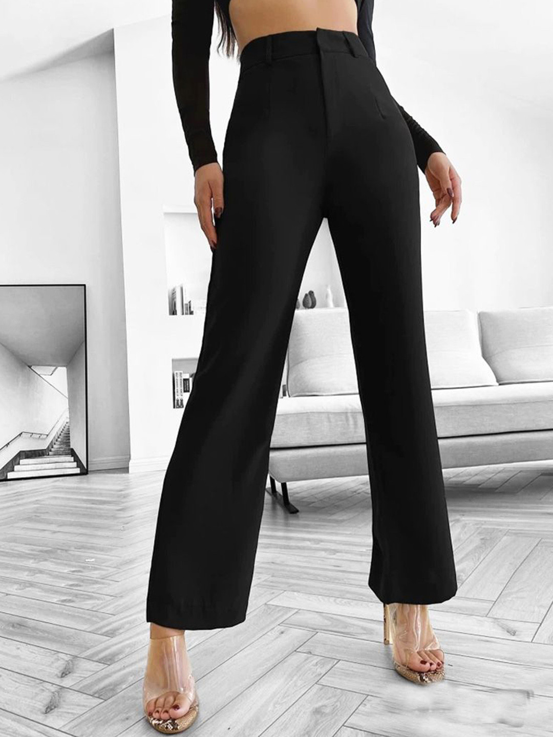 

BAESD Women Relaxed Straight Leg Straight Fit High-Rise Trousers, Black