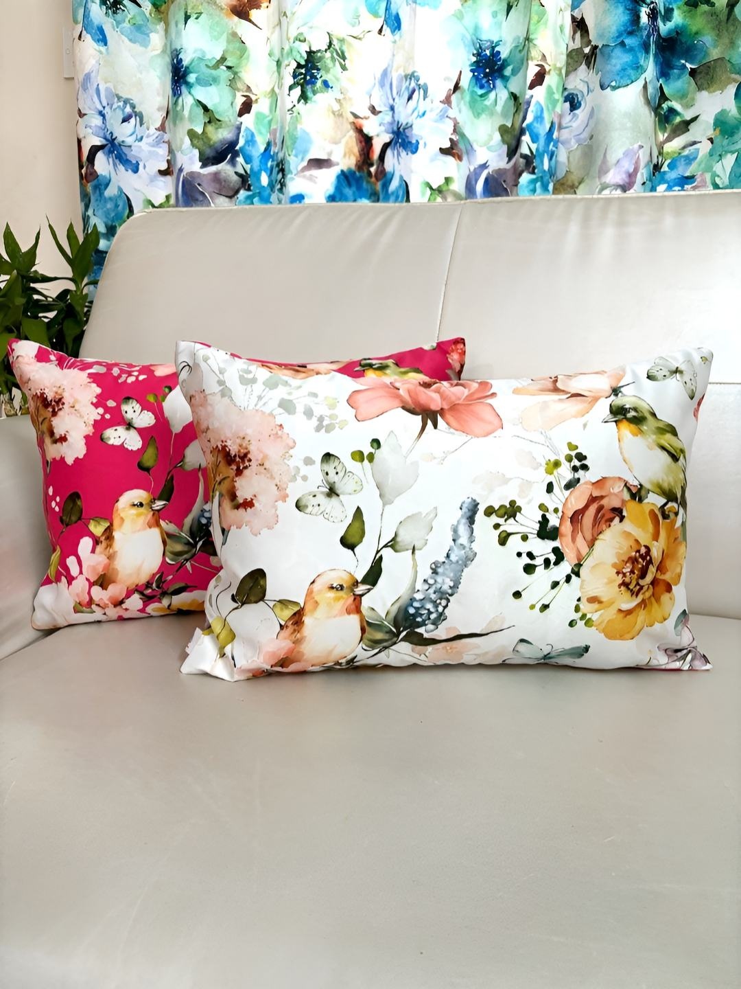 

TARA- Sparkling Homes White & Pink Set of 2 Floral Satin Rectangle Cushion Covers