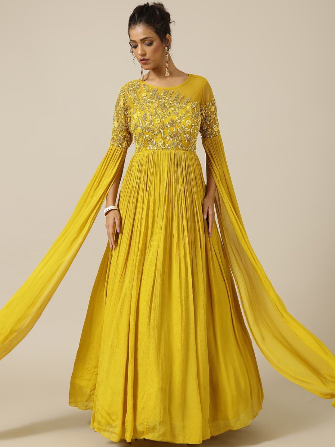 

Shreeka Embroidered Fit & Flared Maxi Dress, Mustard