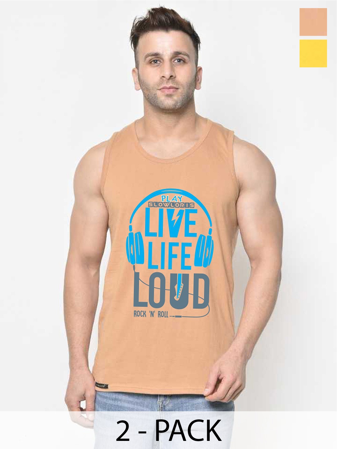 

SLOWLORIS Men Pack Of 2 Printed Gym Vests, Rust