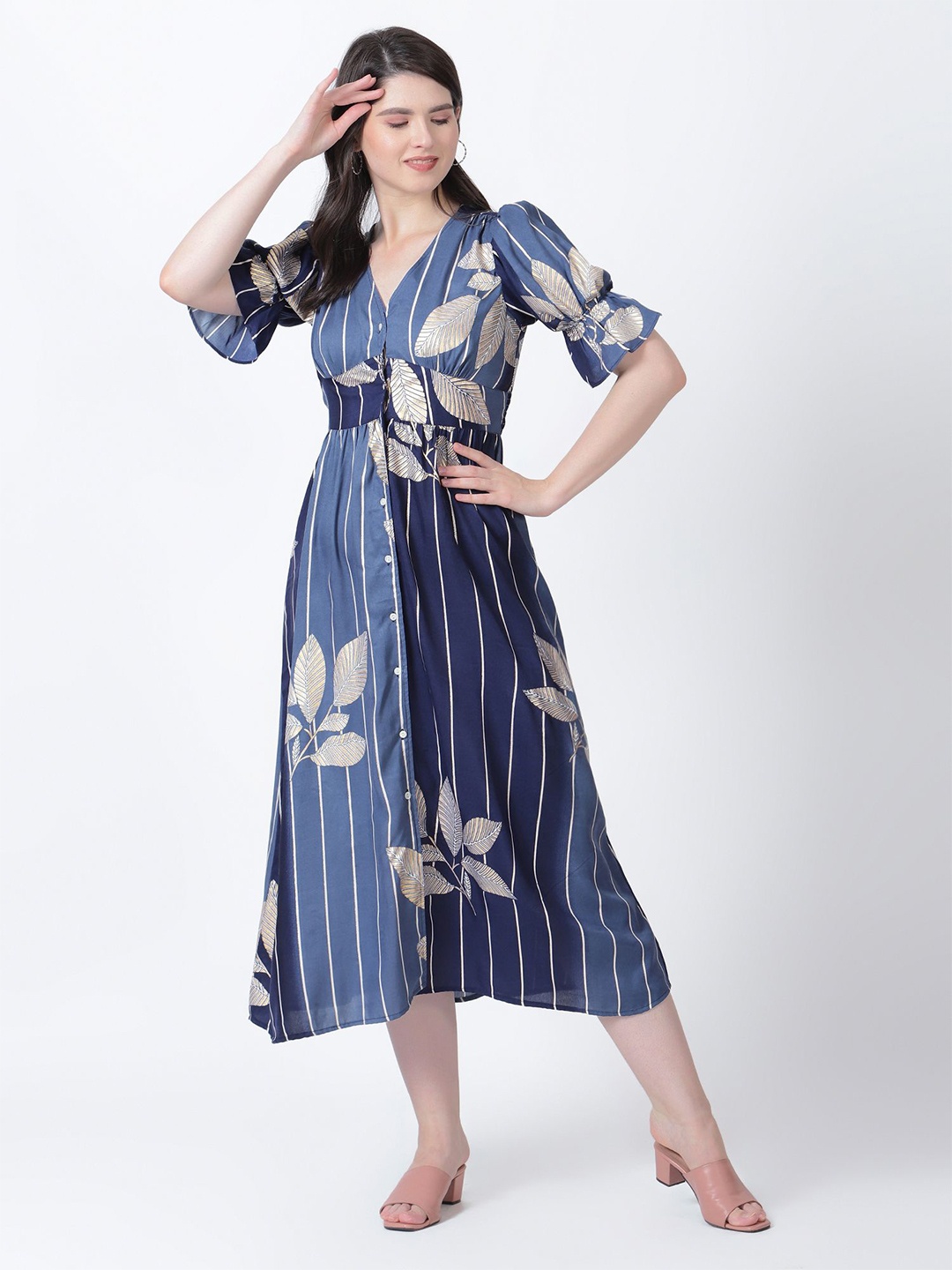 

DRAPE AND DAZZLE Floral Printed Bell Sleeves A-Line Midi Dress, Navy blue