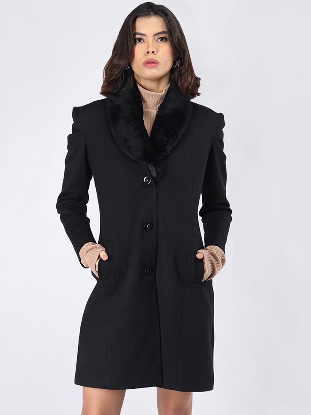 

PROTEX Women Solid Single Breasted Winter Woollen Overcoat, Black