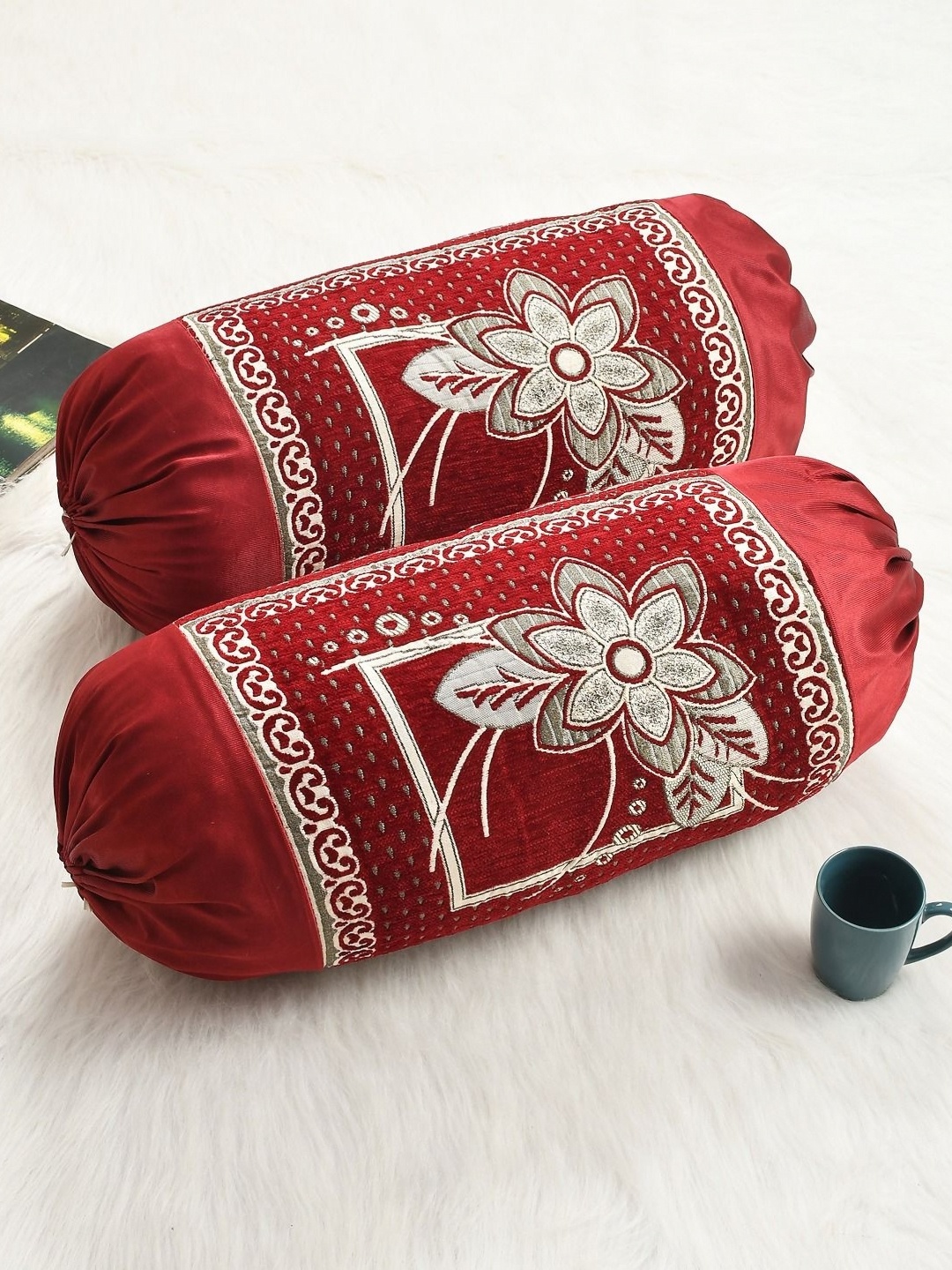 

hargunz Maroon & Off White 2 Pieces Self-Design Jacquard & Velvet Bolster Covers